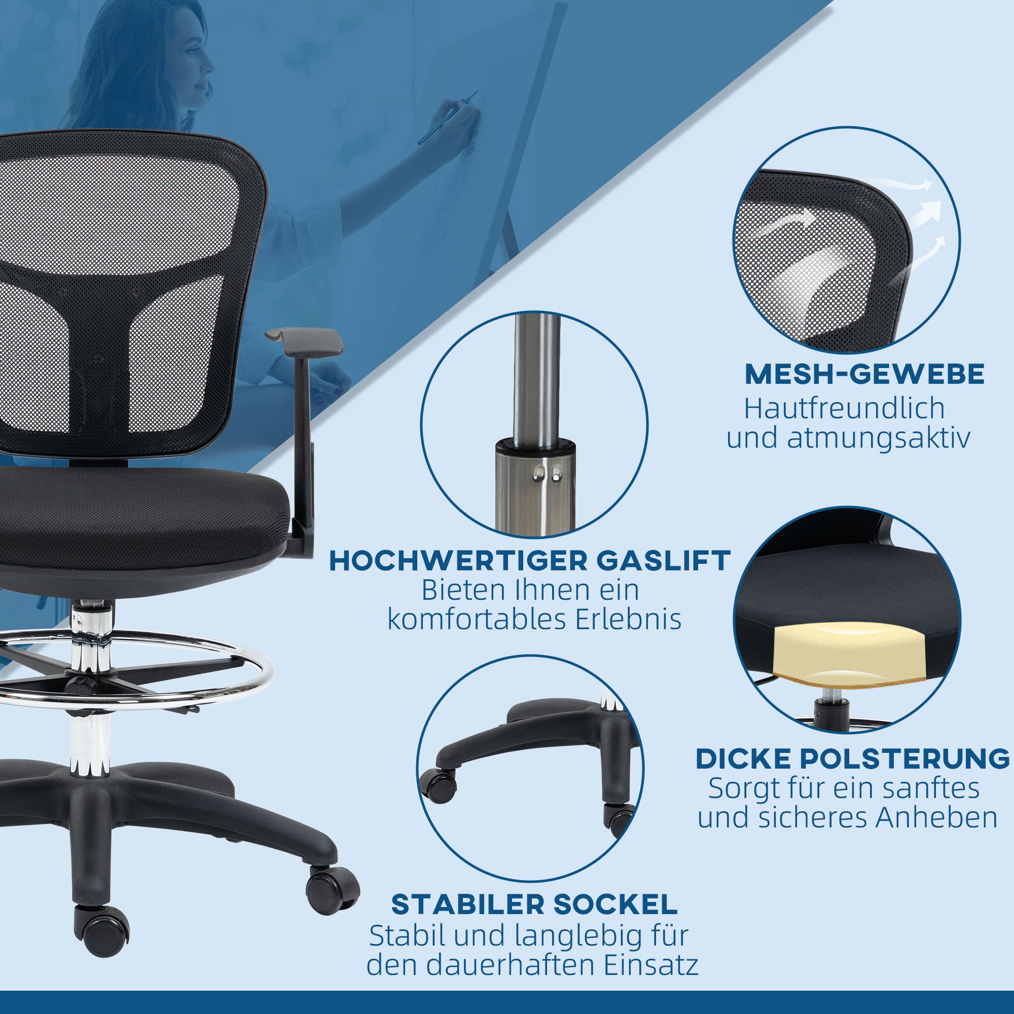 Office Chair, Ergonomic Drawing Chair, 95-115 cm Computer Chair with Armrest, Desk Chair with Footrest, Swivel Chair for Office, Living Room, Mesh, Black