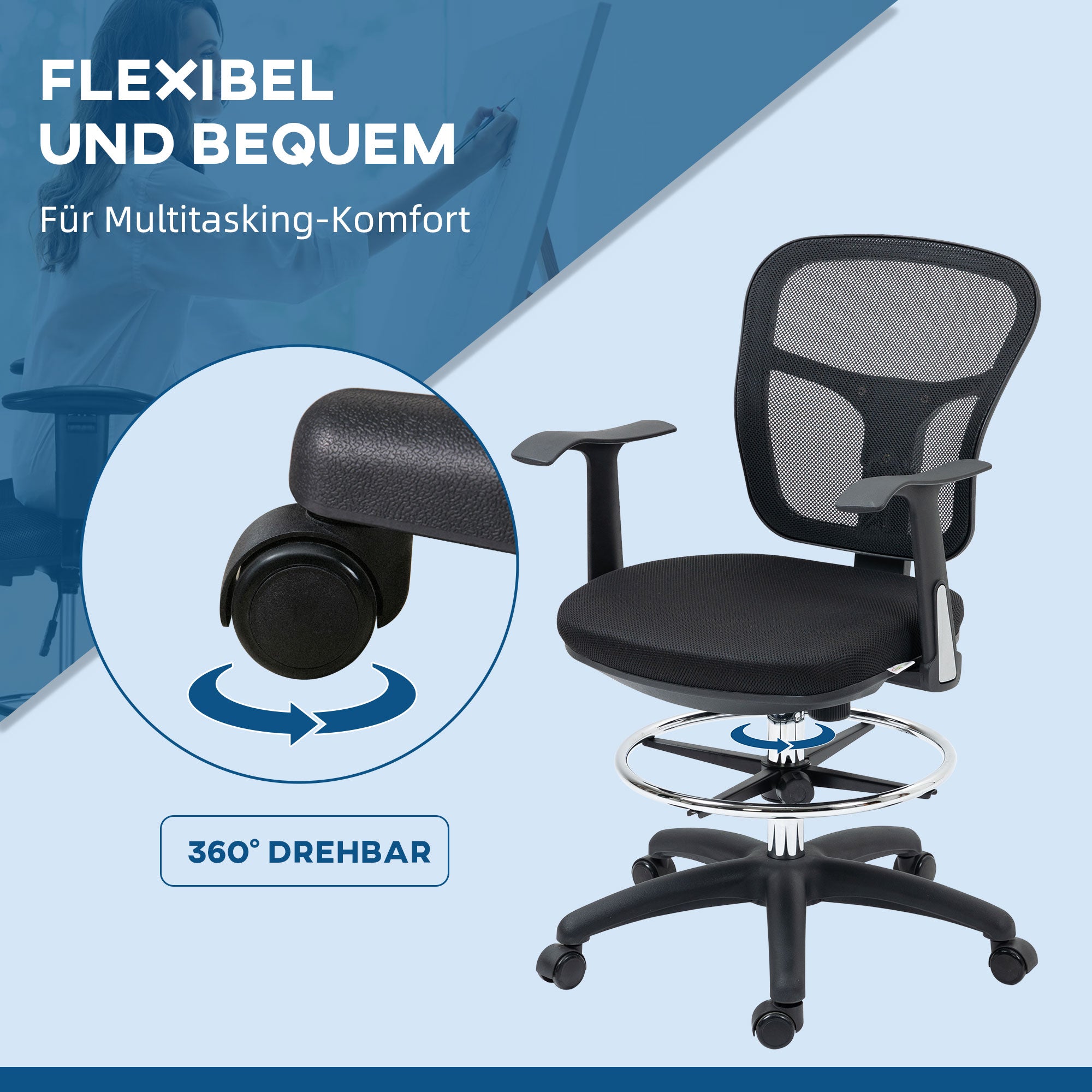 Office Chair, Ergonomic Drawing Chair, 95-115 cm Computer Chair with Armrest, Desk Chair with Footrest, Swivel Chair for Office, Living Room, Mesh, Black