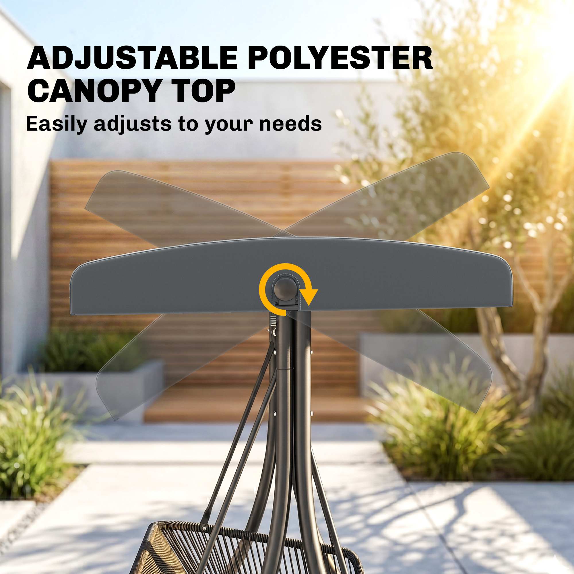 Rattan Hollywood Swing — 2-Seater Patio Bench with Adjustable Canopy & Cushions, A-Frame, Supports 529 lb, 70.1 x 47.2 x 67.7 in (Dark Gray)
