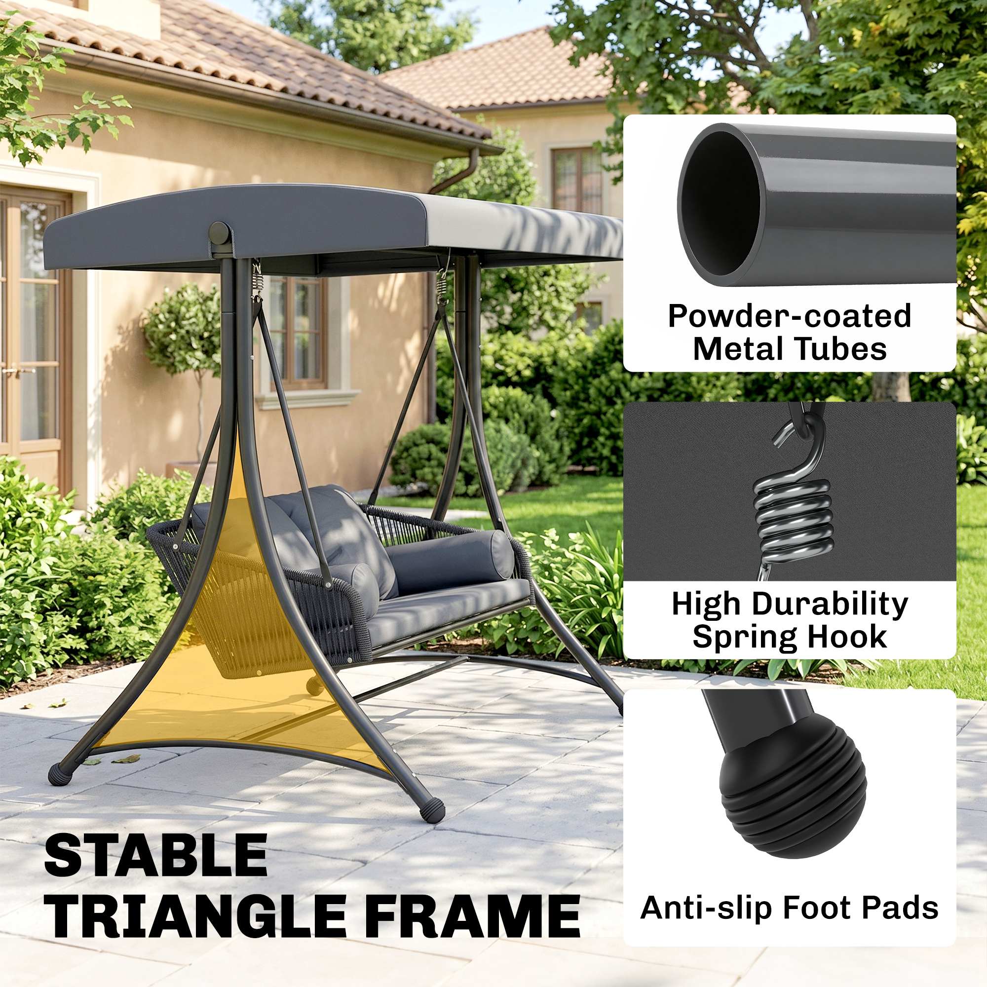Rattan Hollywood Swing — 2-Seater Patio Bench with Adjustable Canopy & Cushions, A-Frame, Supports 529 lb, 70.1 x 47.2 x 67.7 in (Dark Gray)