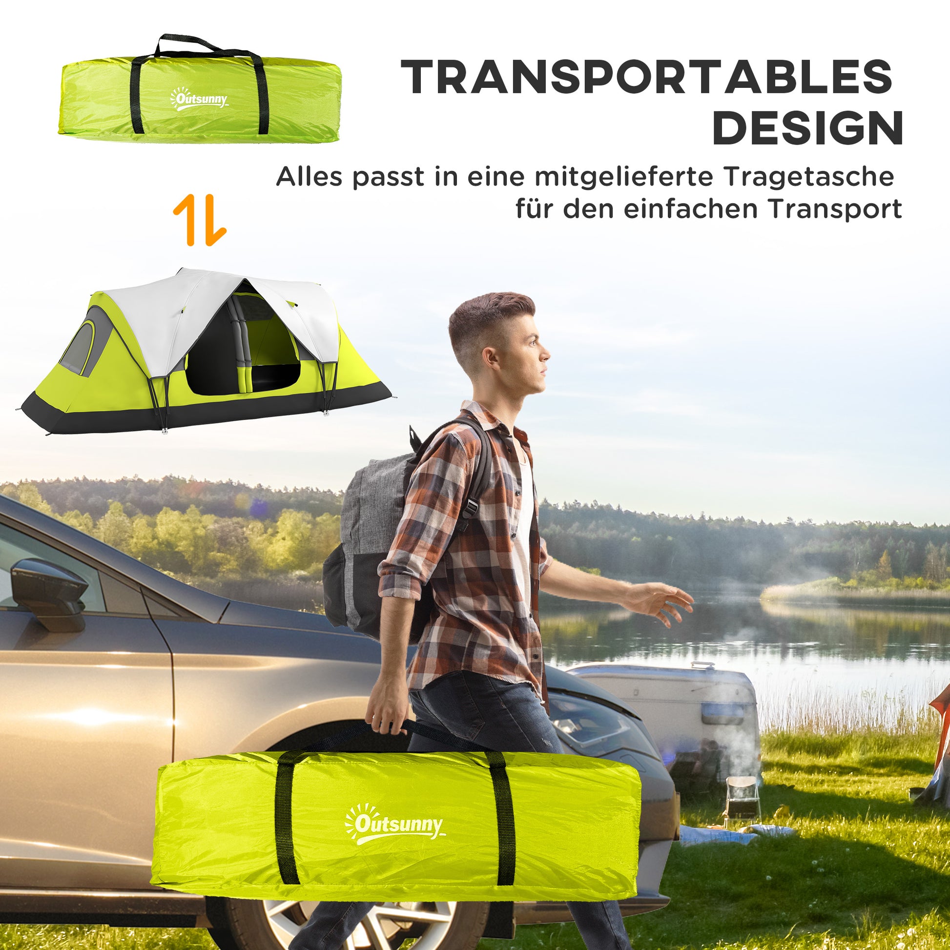 Camping Tent, Tunnel Tent for 6-8 People, with Light Hook, Mesh Windows, 2 Rooms Windproof Family Tent with Carrying Bag, 2000mm Water-Resistant Group Tent for Camping, Garden, Green