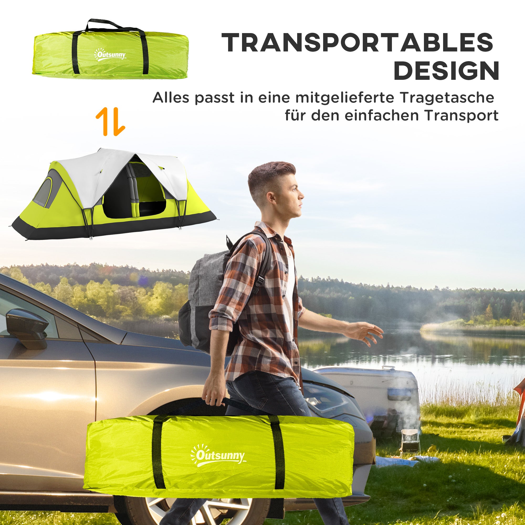 Camping Tent, Tunnel Tent for 6-8 People, with Light Hook, Mesh Windows, 2 Rooms Windproof Family Tent with Carrying Bag, 2000mm Water-Resistant Group Tent for Camping, Garden, Green