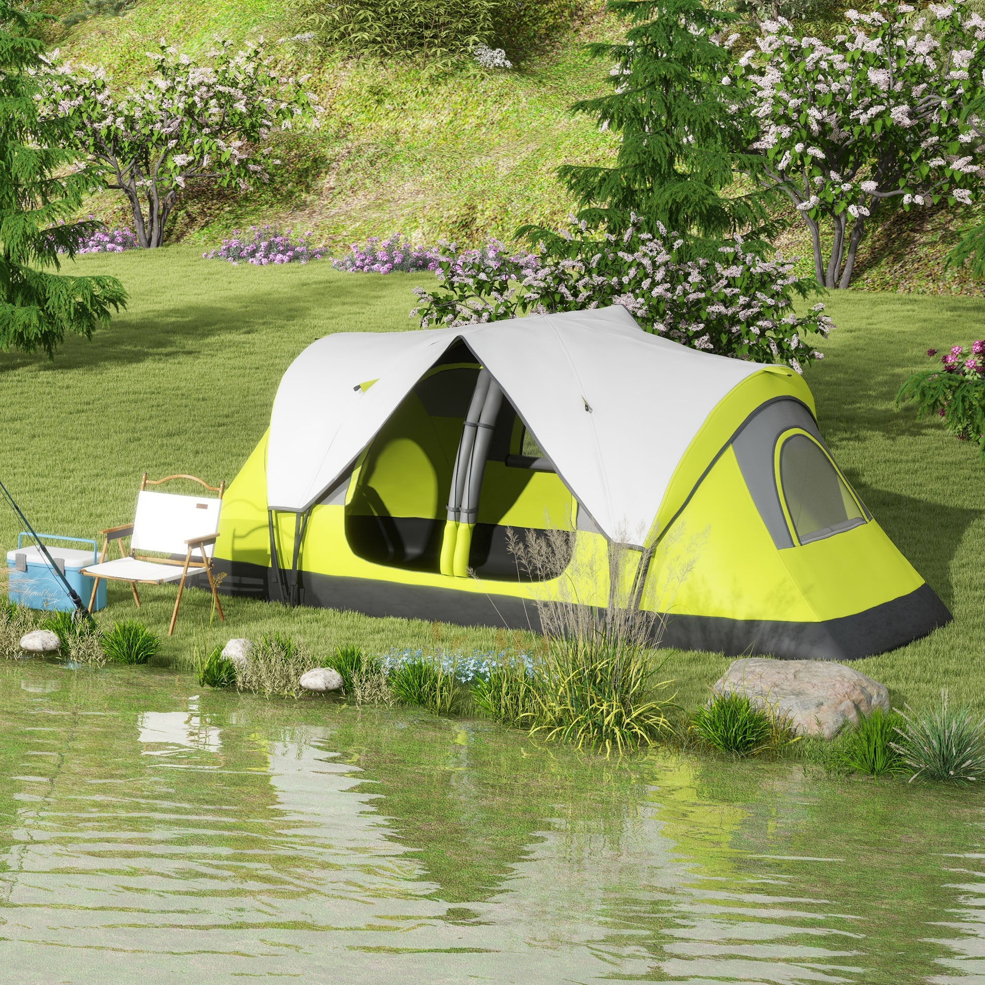 Camping Tent, Tunnel Tent for 6-8 People, with Light Hook, Mesh Windows, 2 Rooms Windproof Family Tent with Carrying Bag, 2000mm Water-Resistant Group Tent for Camping, Garden, Green