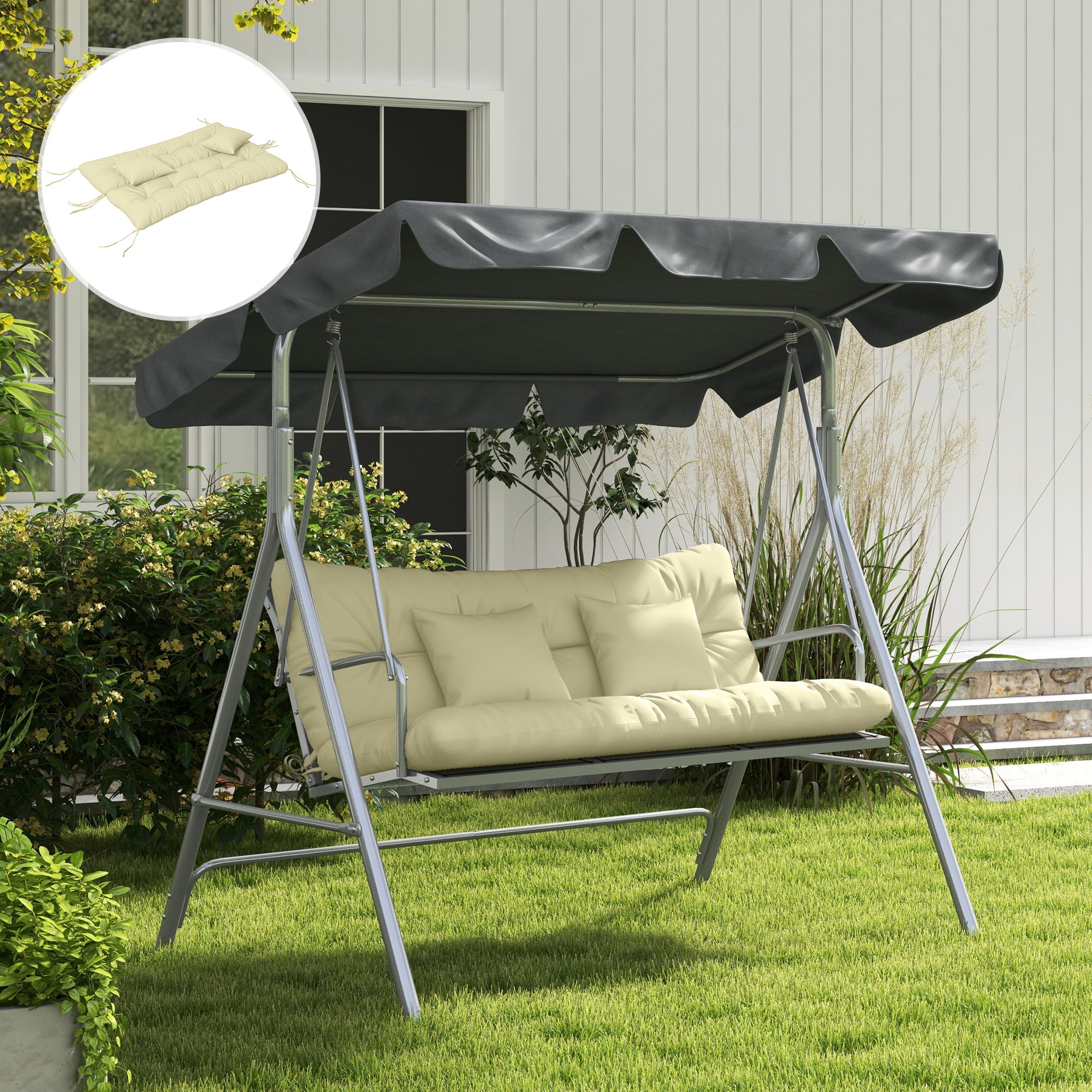 Set of 4 Outdoor Cushions for Garden Swing, 1 Seat Cushion, 1 Back Cushion, and 2 Pillows Cream