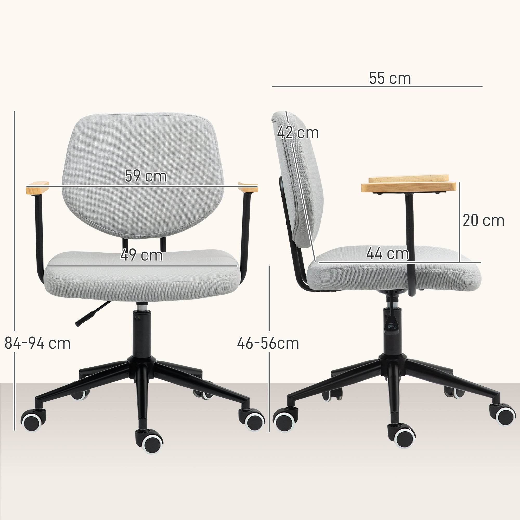 Office Chair Desk Chair with Wooden Armrests and Adjustable Height Swivel Chair for Study Bedroom Load 120 kg Gray