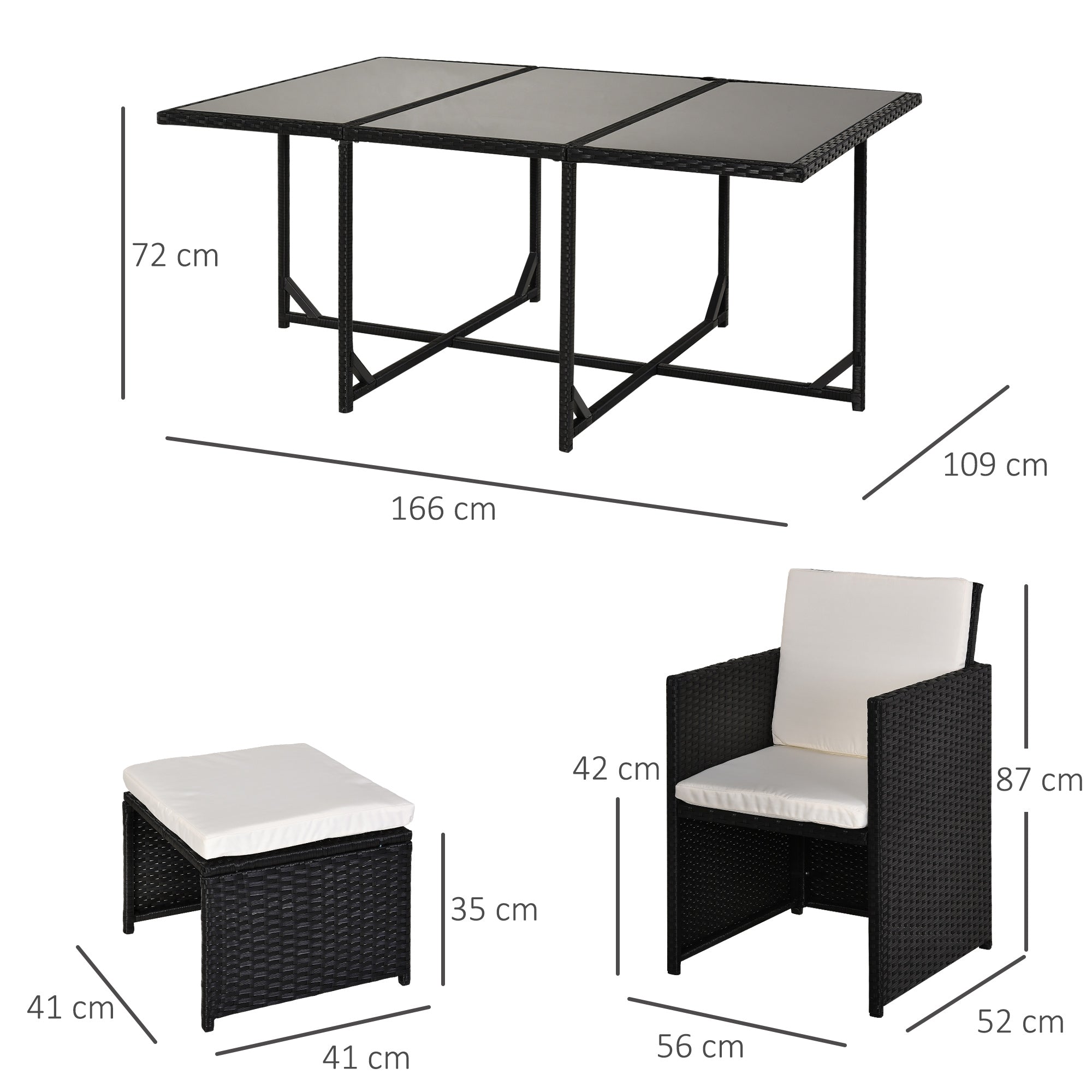 11-Piece Outdoor Rattan Garden Furniture Set with Tempered Glass Table and Cushions, Dining Set, Black