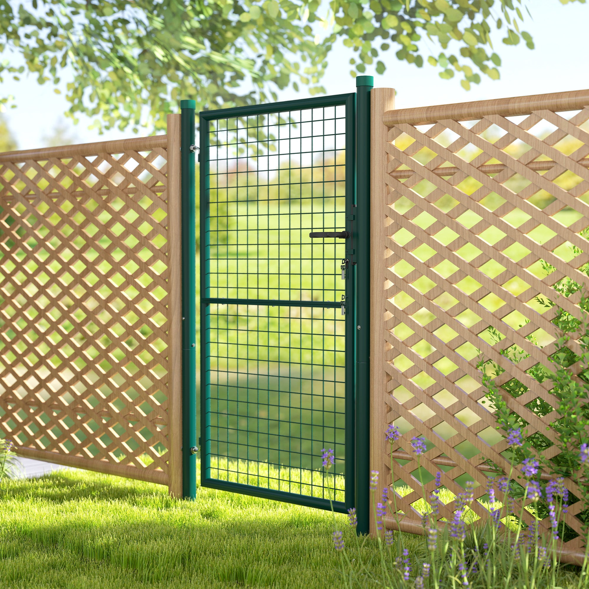Garden Gate Steel 97 x 200 cm Garden Gate with Lock, Keys, and Handle, Arrow Decoration, Outdoor Patio Gate, Green