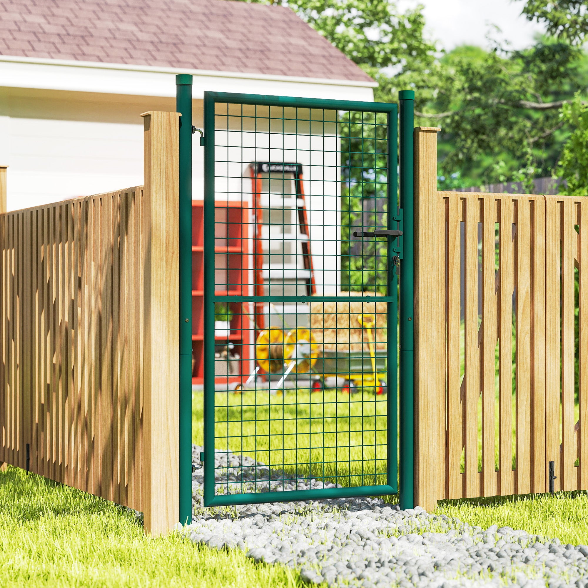 Garden Gate Steel 97 x 200 cm Garden Gate with Lock, Keys, and Handle, Arrow Decoration, Outdoor Patio Gate, Green