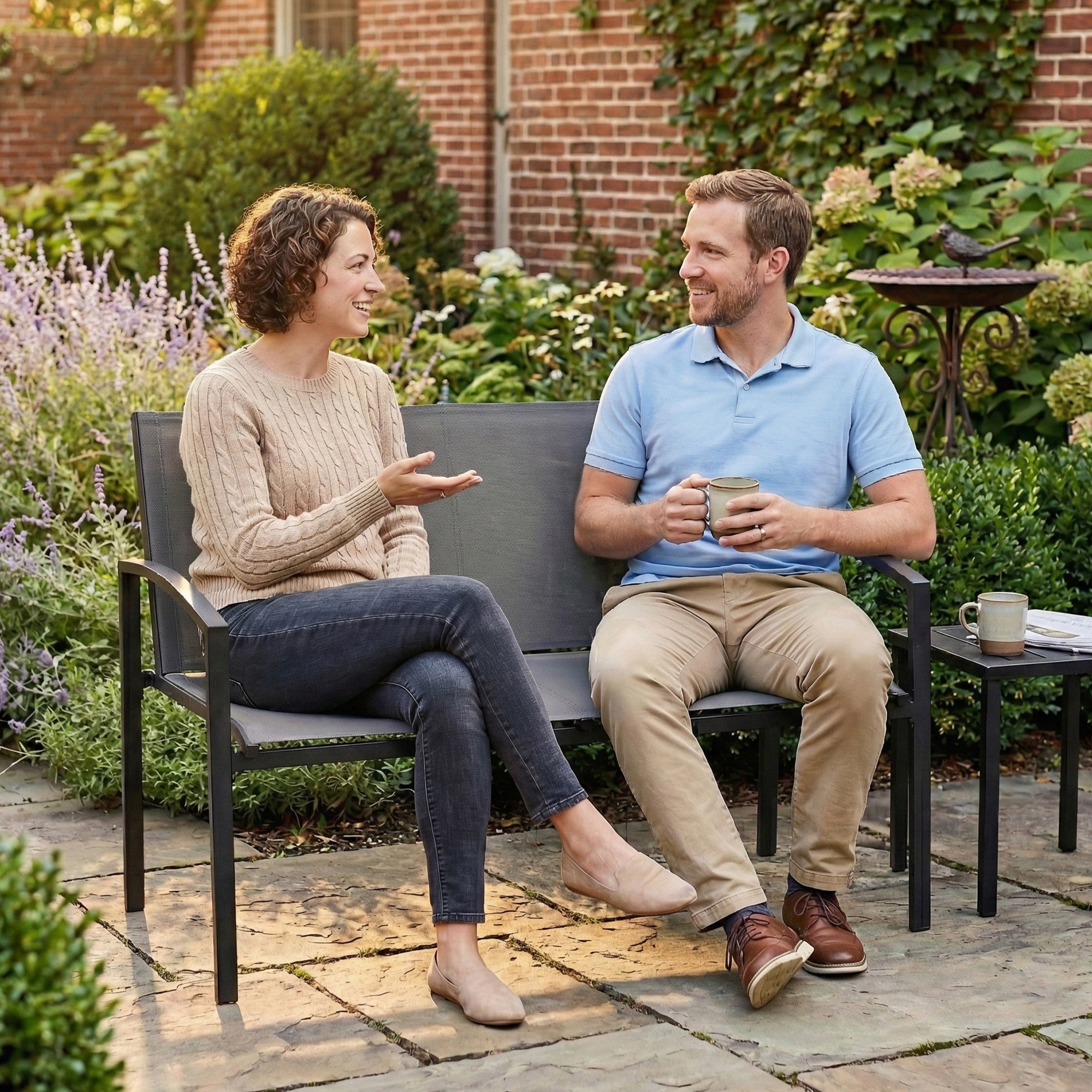 2-Seater Weather-Resistant Metal Outdoor Bench with Breathable Mesh Seat and Curved Armrests — Ergonomic, Up to 485 lb (112 x 66 x 80 cm), Gray