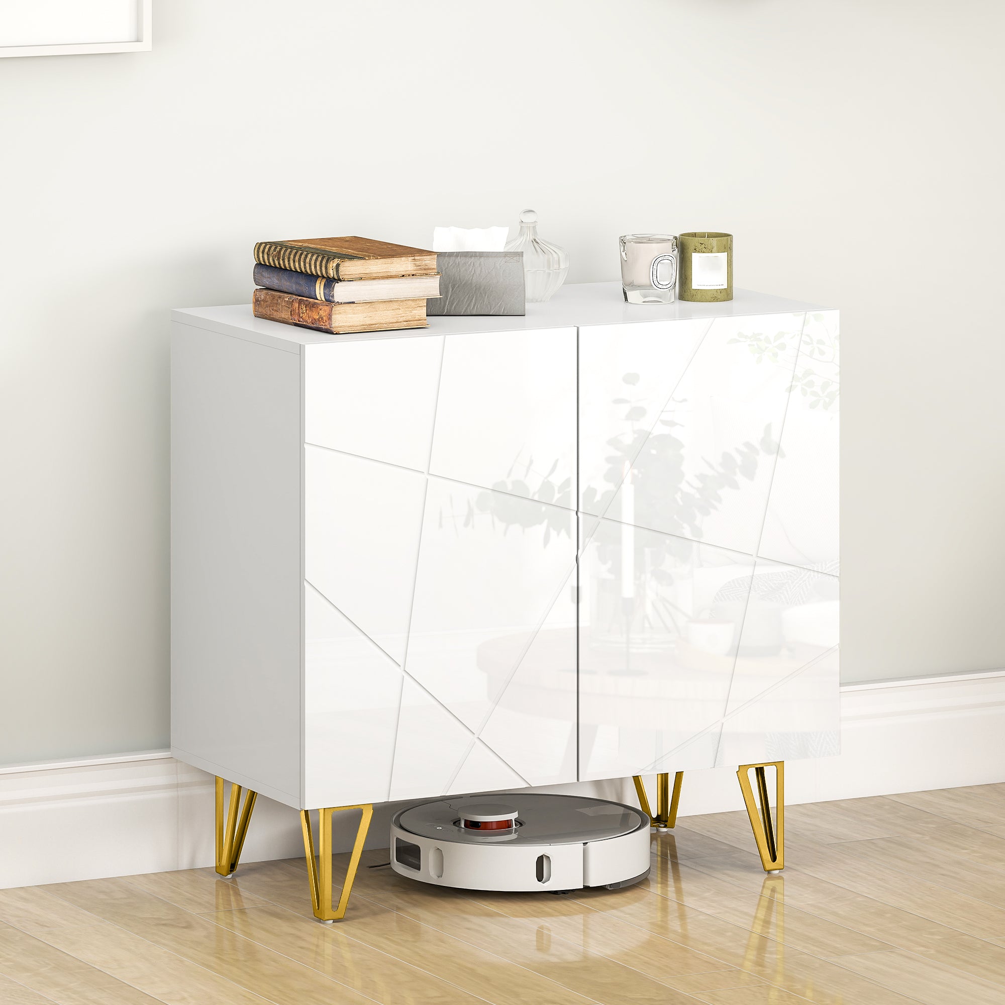 Living Room Buffet Sideboard with 2 Doors and Adjustable Shelves Storage Cabinet for Kitchen Entryway 80x40x75 cm Glossy White