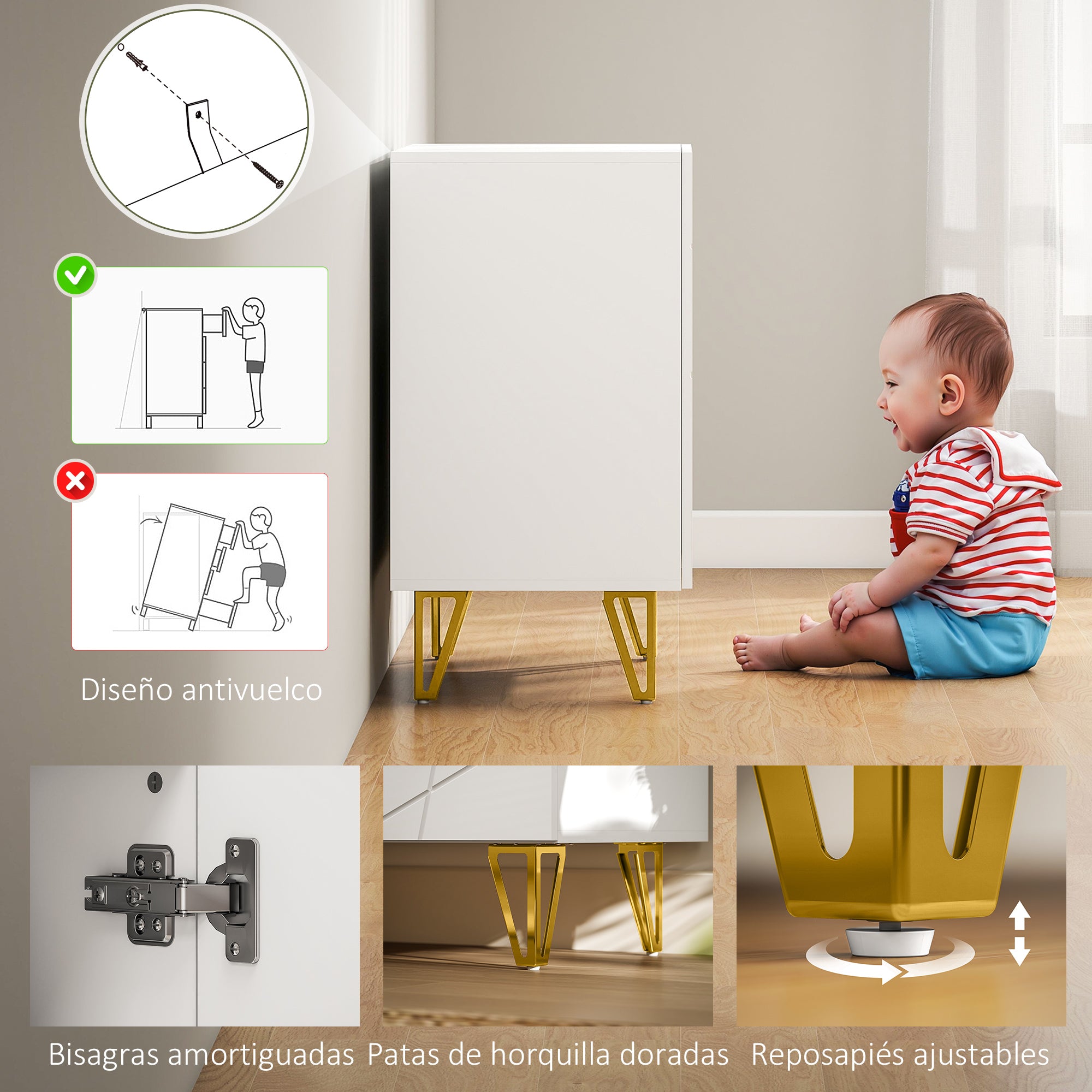 Living Room Buffet Sideboard with 2 Doors and Adjustable Shelves Storage Cabinet for Kitchen Entryway 80x40x75 cm Glossy White