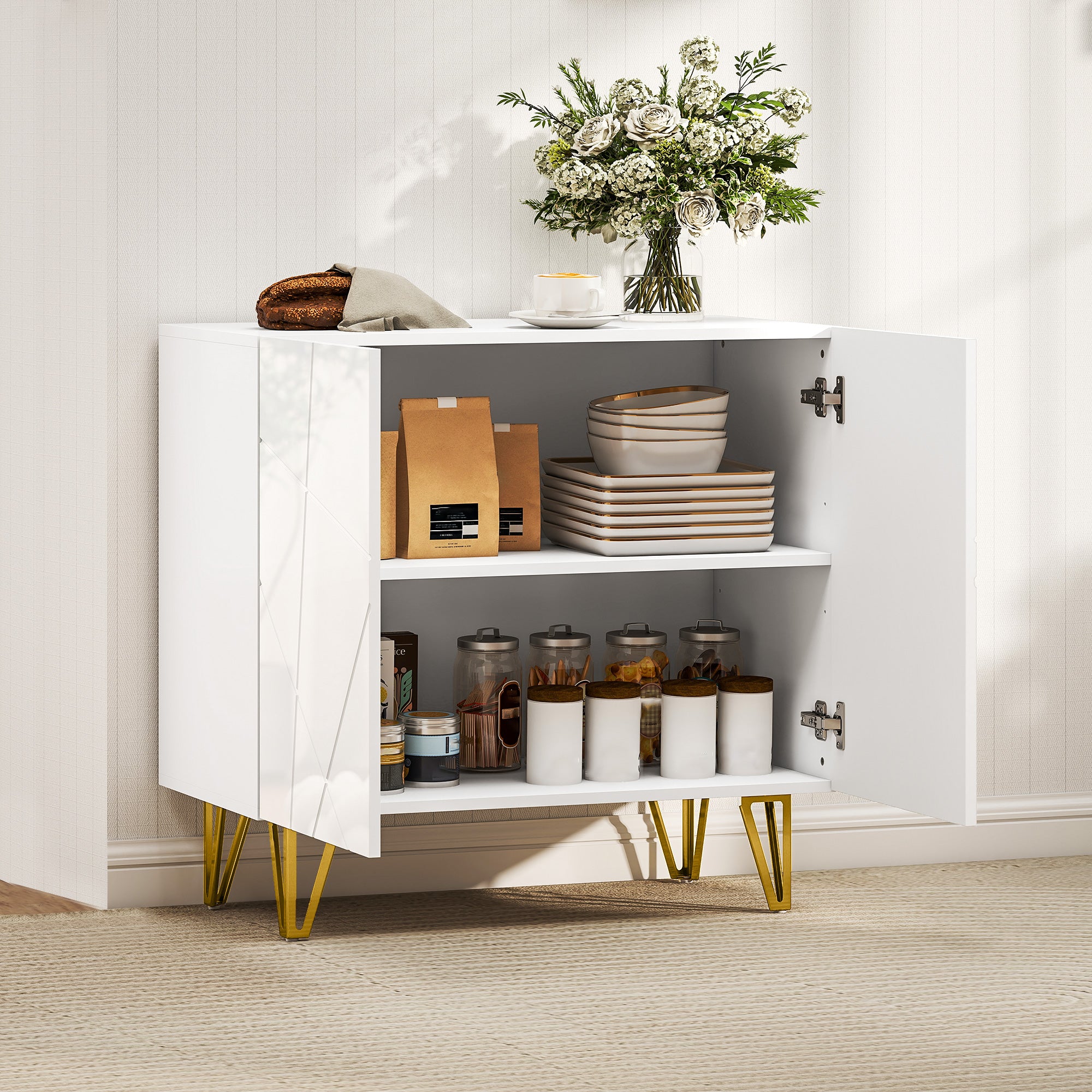 Living Room Buffet Sideboard with 2 Doors and Adjustable Shelves Storage Cabinet for Kitchen Entryway 80x40x75 cm Glossy White