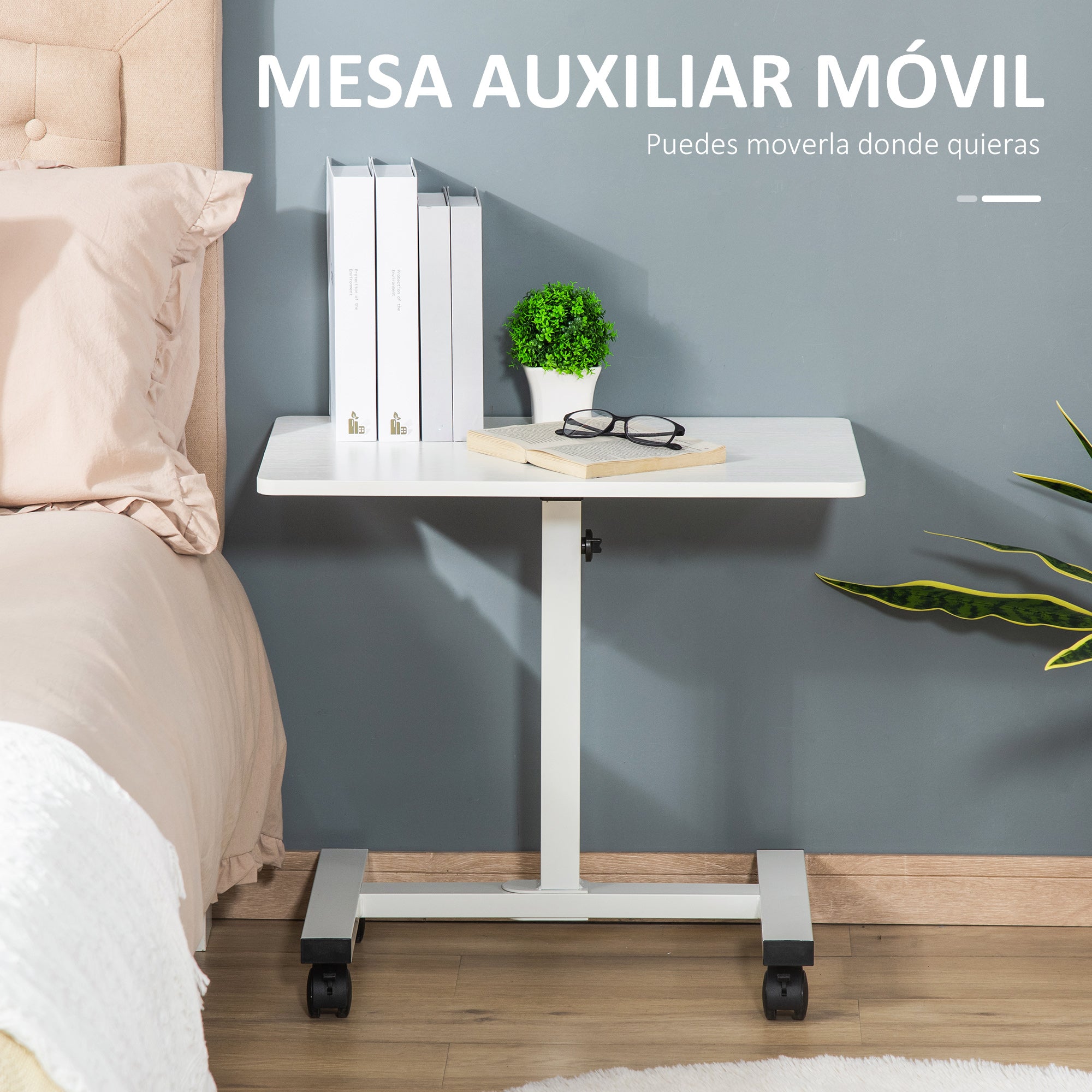 Rolling Side Table with Adjustable Height for Sofa Bed with Metal Frame and Brakes for Bedroom Living Room 60x40x52.5-84 cm White