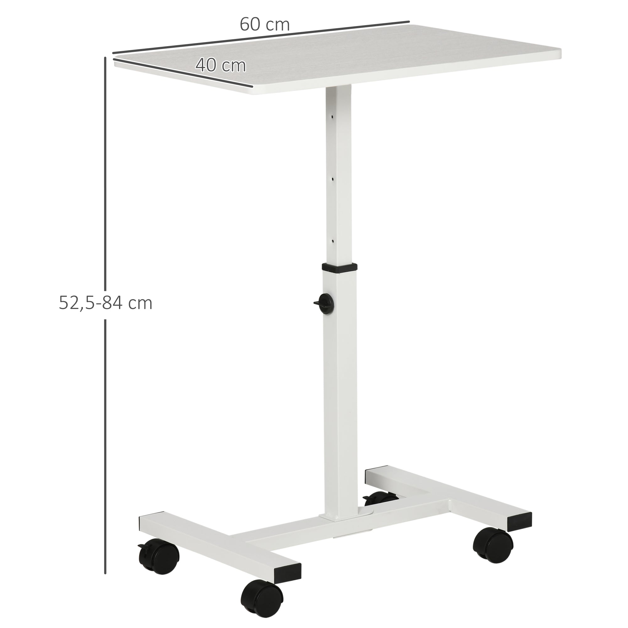 Rolling Side Table with Adjustable Height for Sofa Bed with Metal Frame and Brakes for Bedroom Living Room 60x40x52.5-84 cm White