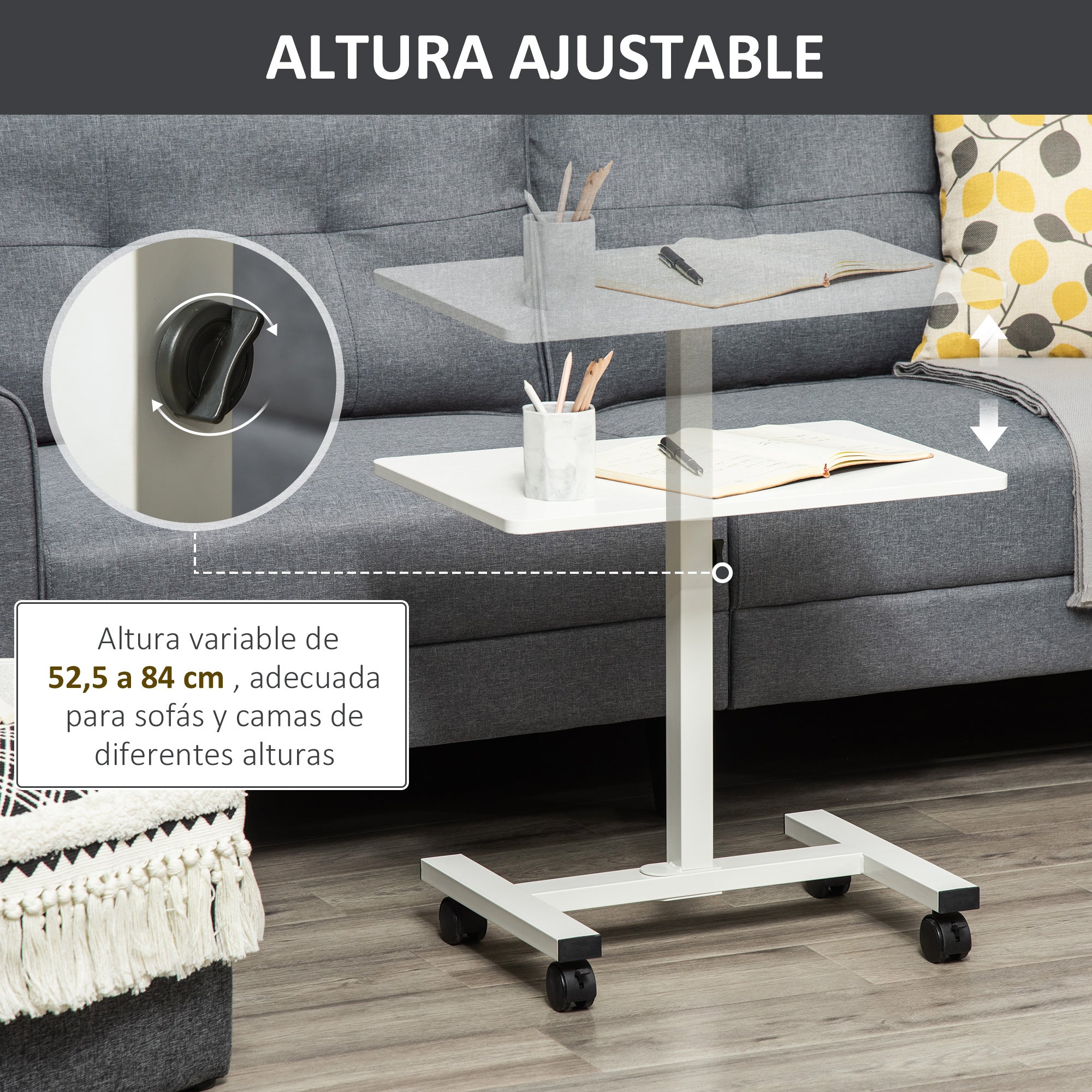 Rolling Side Table with Adjustable Height for Sofa Bed with Metal Frame and Brakes for Bedroom Living Room 60x40x52.5-84 cm White