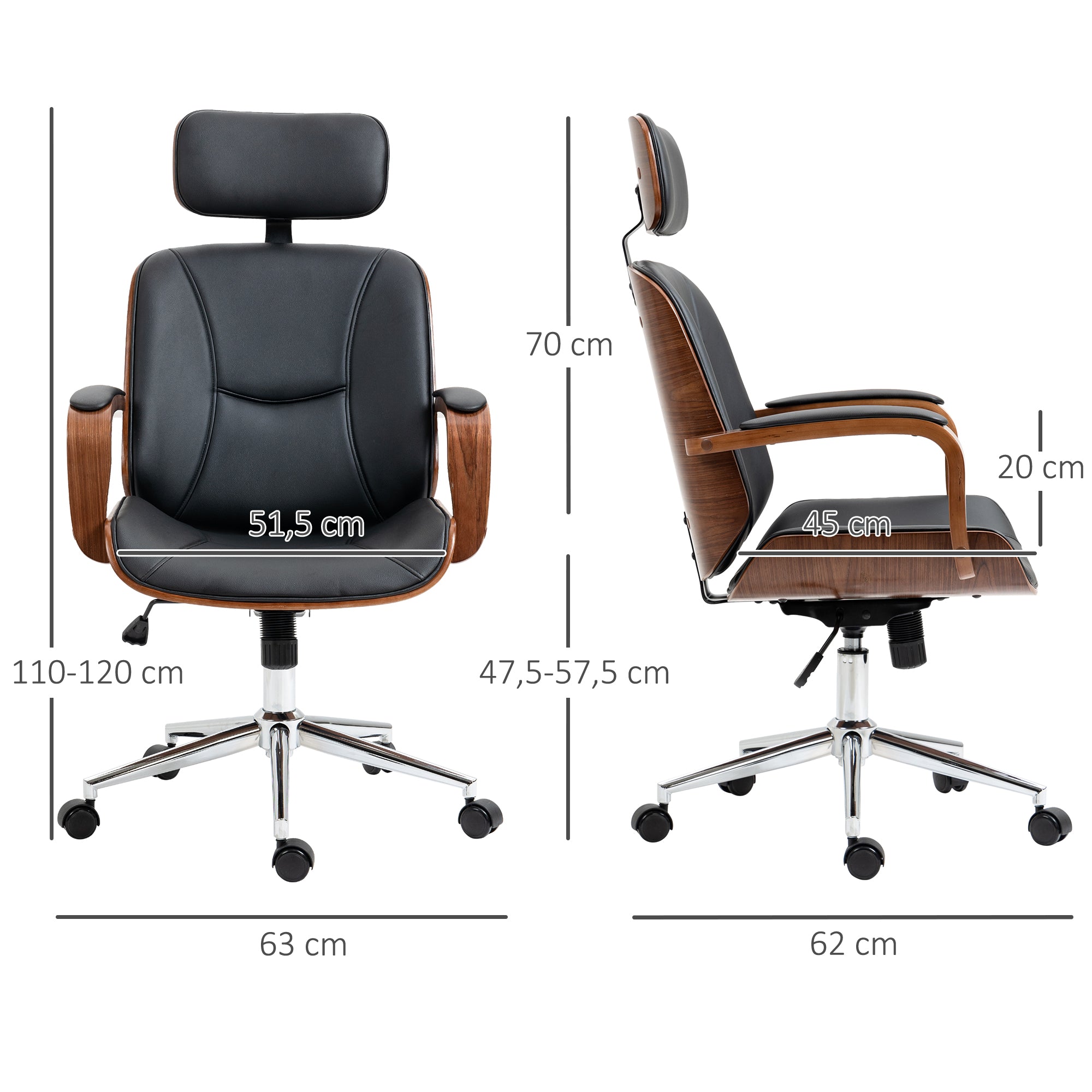 Ergonomic Office Chair Swivel Desk Chair in PU Leather with Removable Headrest Adjustable Height and Tilt Function 63x62x110-120 cm Black