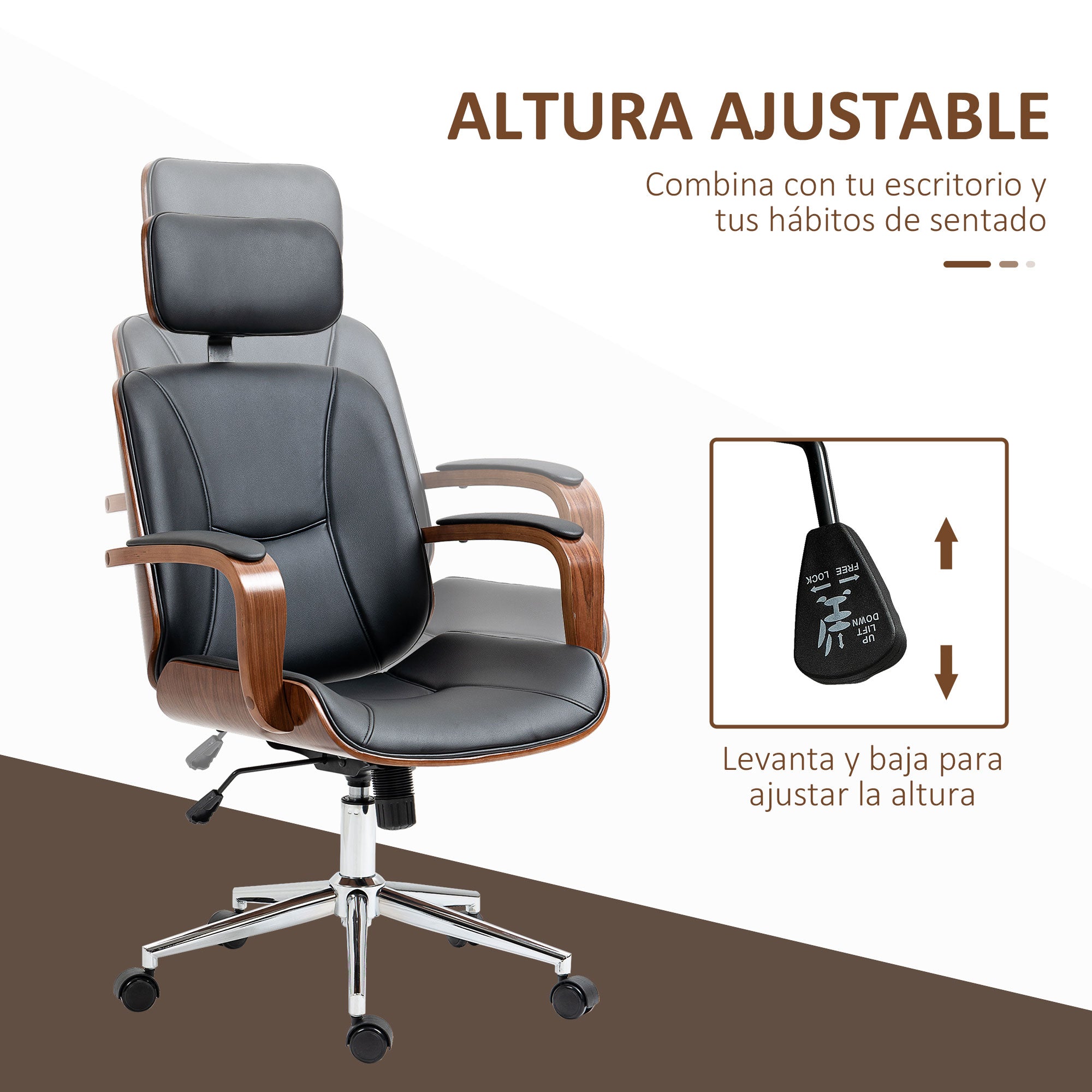 Ergonomic Office Chair Swivel Desk Chair in PU Leather with Removable Headrest Adjustable Height and Tilt Function 63x62x110-120 cm Black