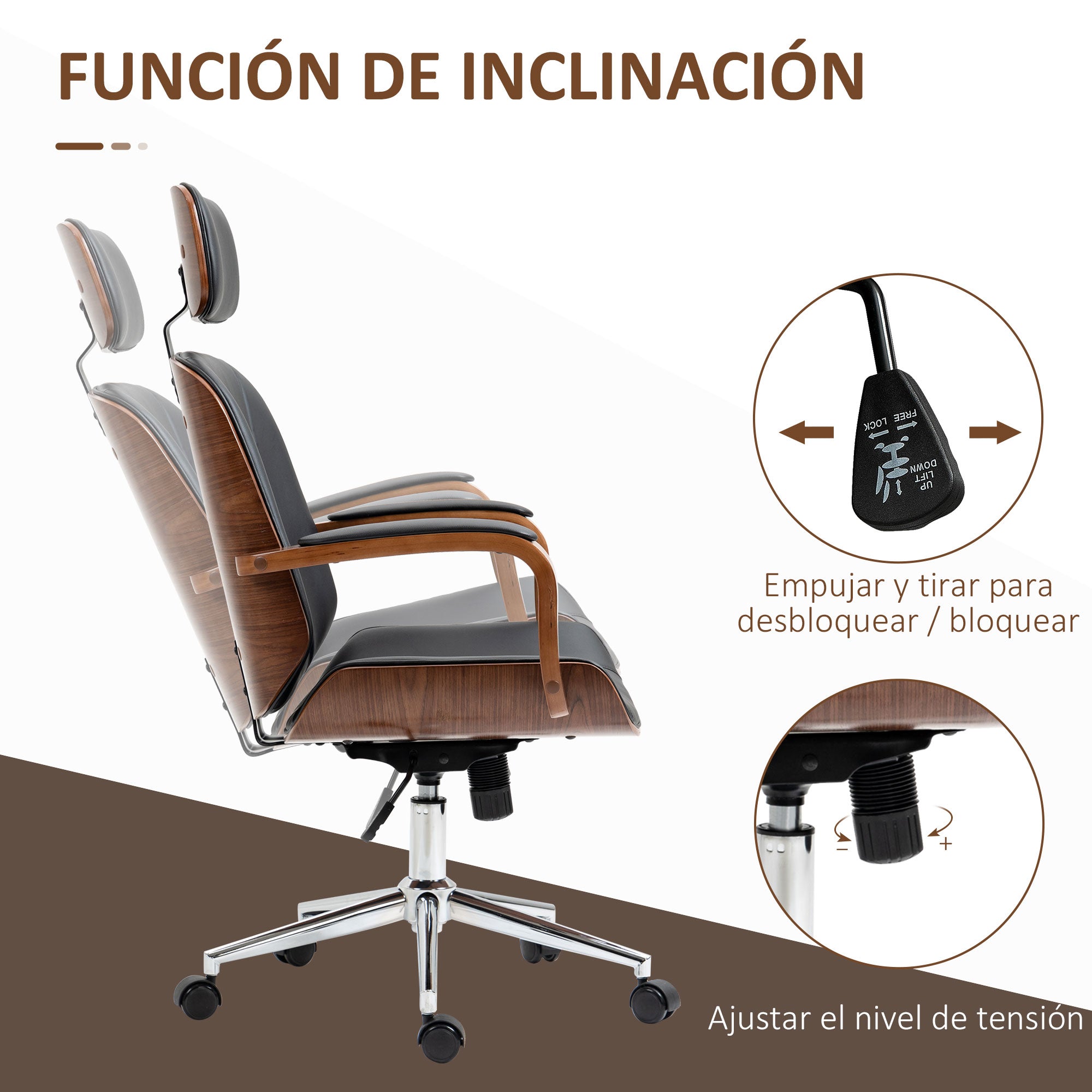 Ergonomic Office Chair Swivel Desk Chair in PU Leather with Removable Headrest Adjustable Height and Tilt Function 63x62x110-120 cm Black