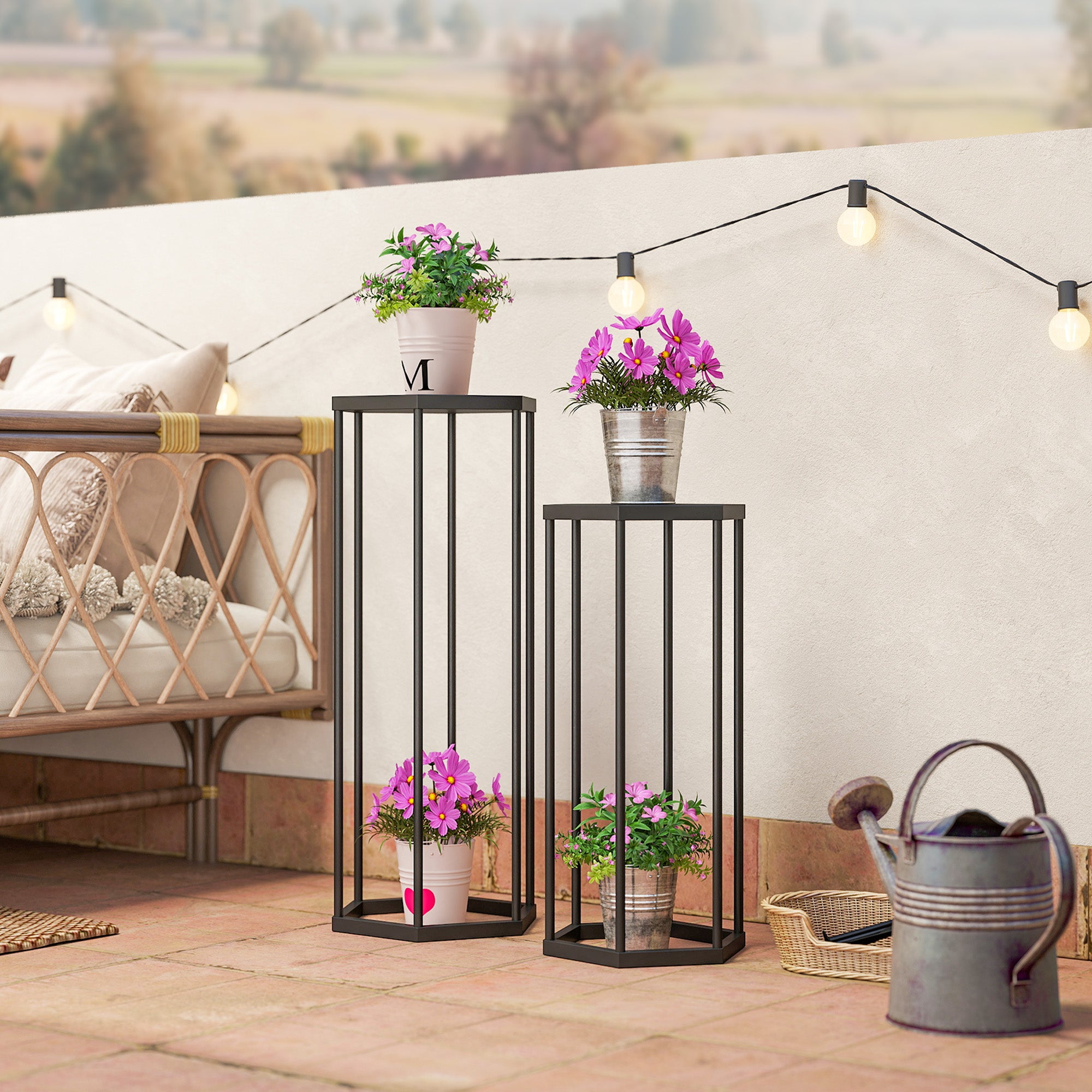 2-Pack Hexagon Metal Plant Stands, 75/60 cm (29.5"/23.6") — Indoor & Outdoor Black