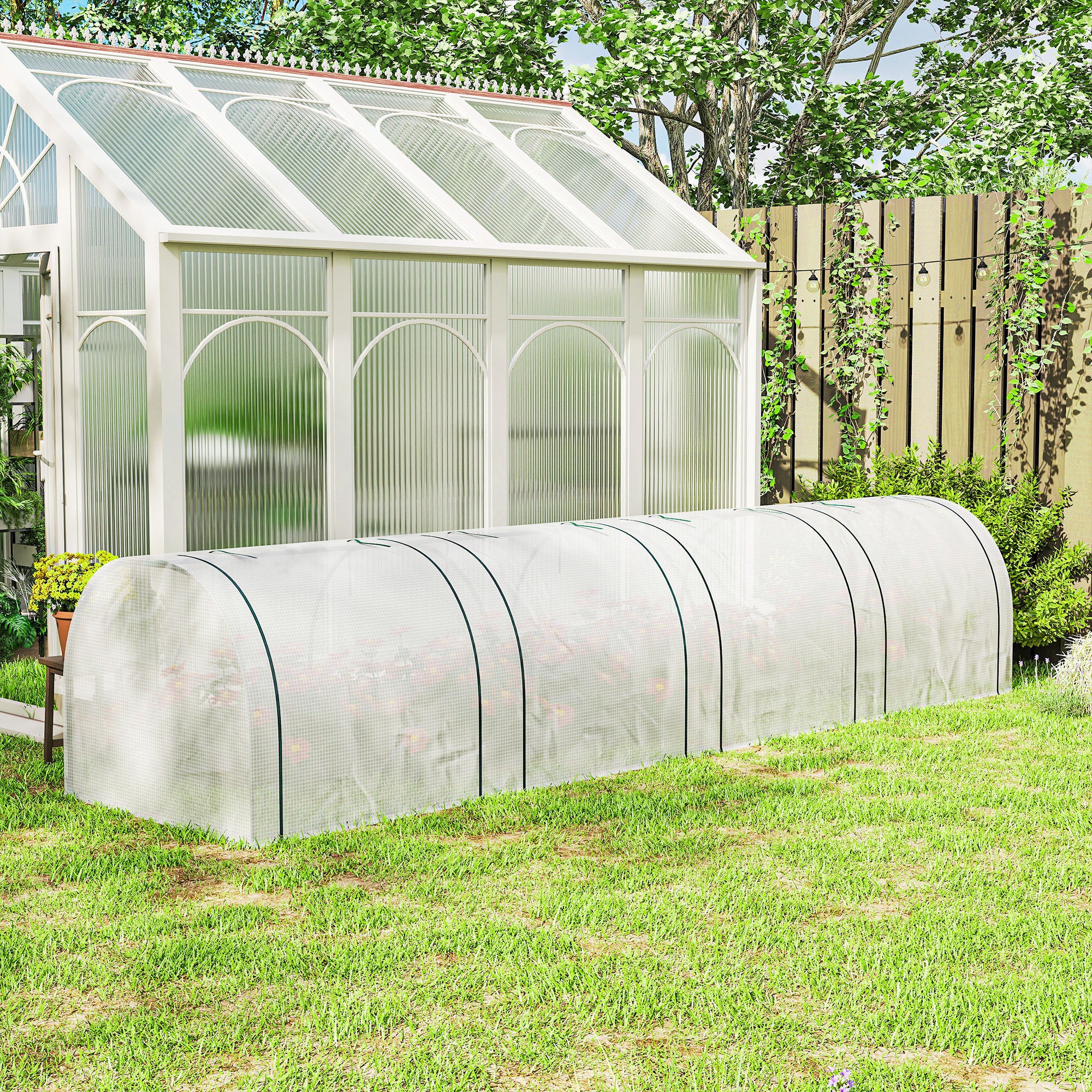 Polytunnel Greenhouse with Roll-Up Zipper Door, Steel Frame — 395 x 100 x 80 cm for Tomatoes & Vegetables (White)
