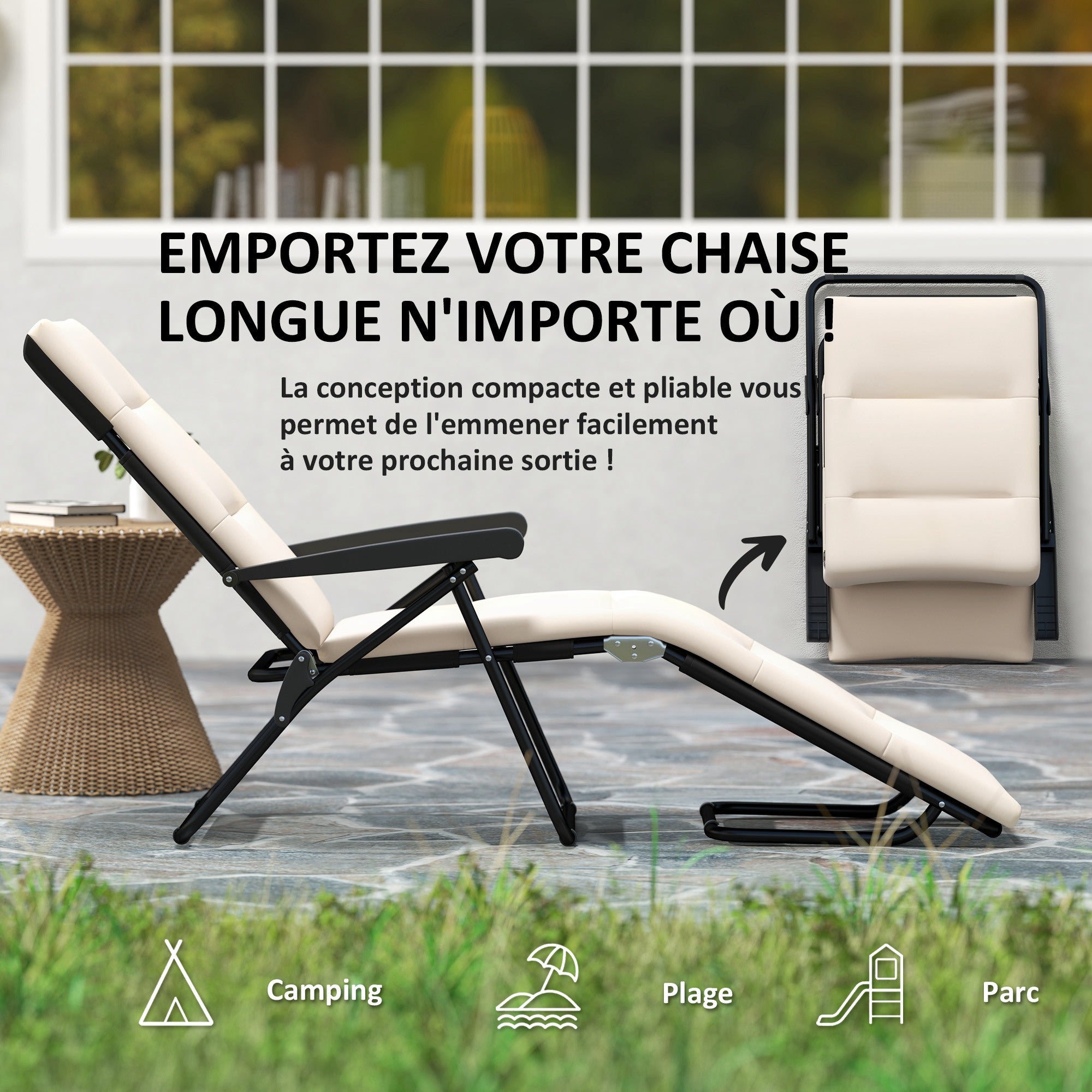 Foldable Sun Lounger Reclining 6 Positions High Comfort with Mattress + Armrests Steel Polyester Cream