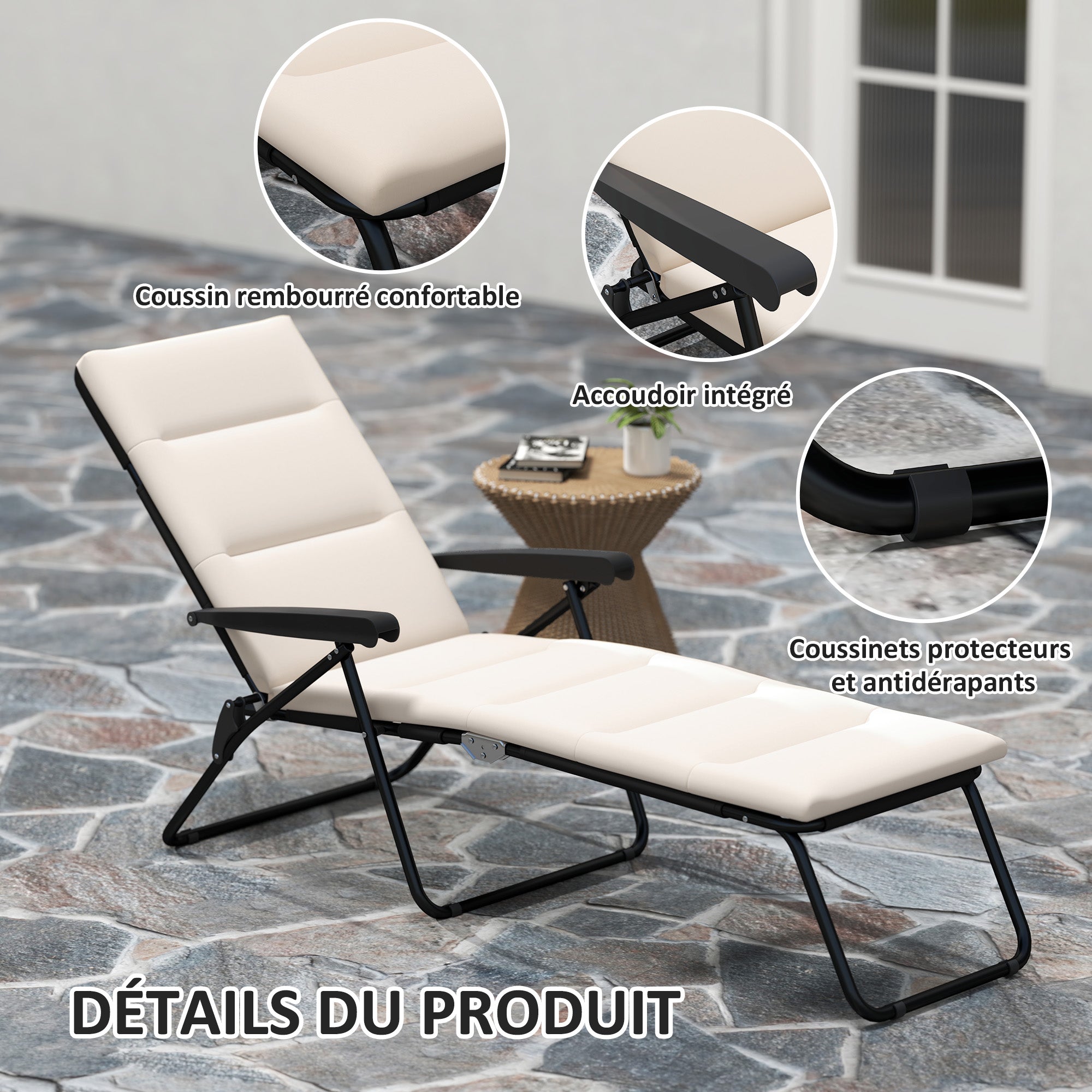 Foldable Sun Lounger Reclining 6 Positions High Comfort with Mattress + Armrests Steel Polyester Cream