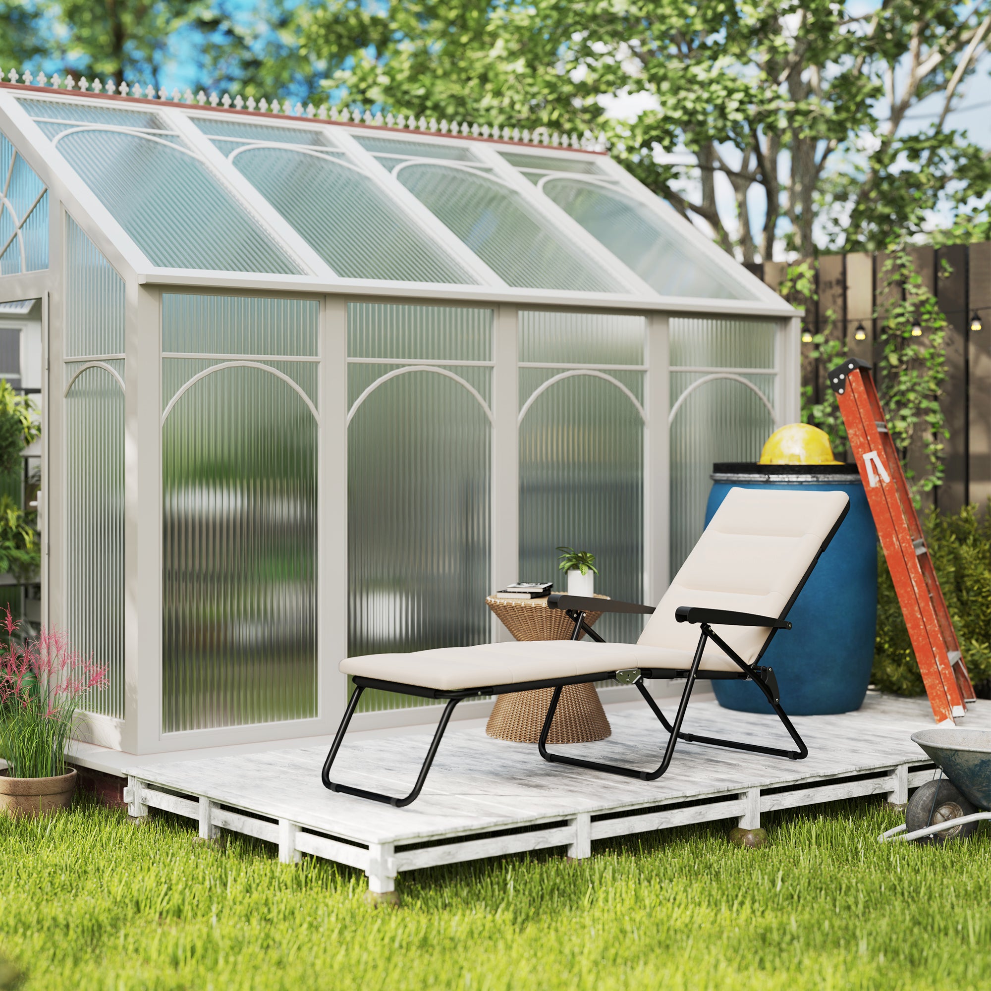 Foldable Sun Lounger Reclining 6 Positions High Comfort with Mattress + Armrests Steel Polyester Cream