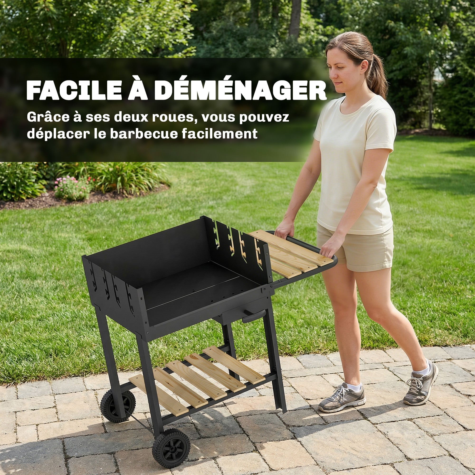 Wood-Trim Charcoal Grill Cart with 2 Adjustable Cooking Grates, Side Shelf, Lower Shelf, Ash Drawer & Wheels — Black