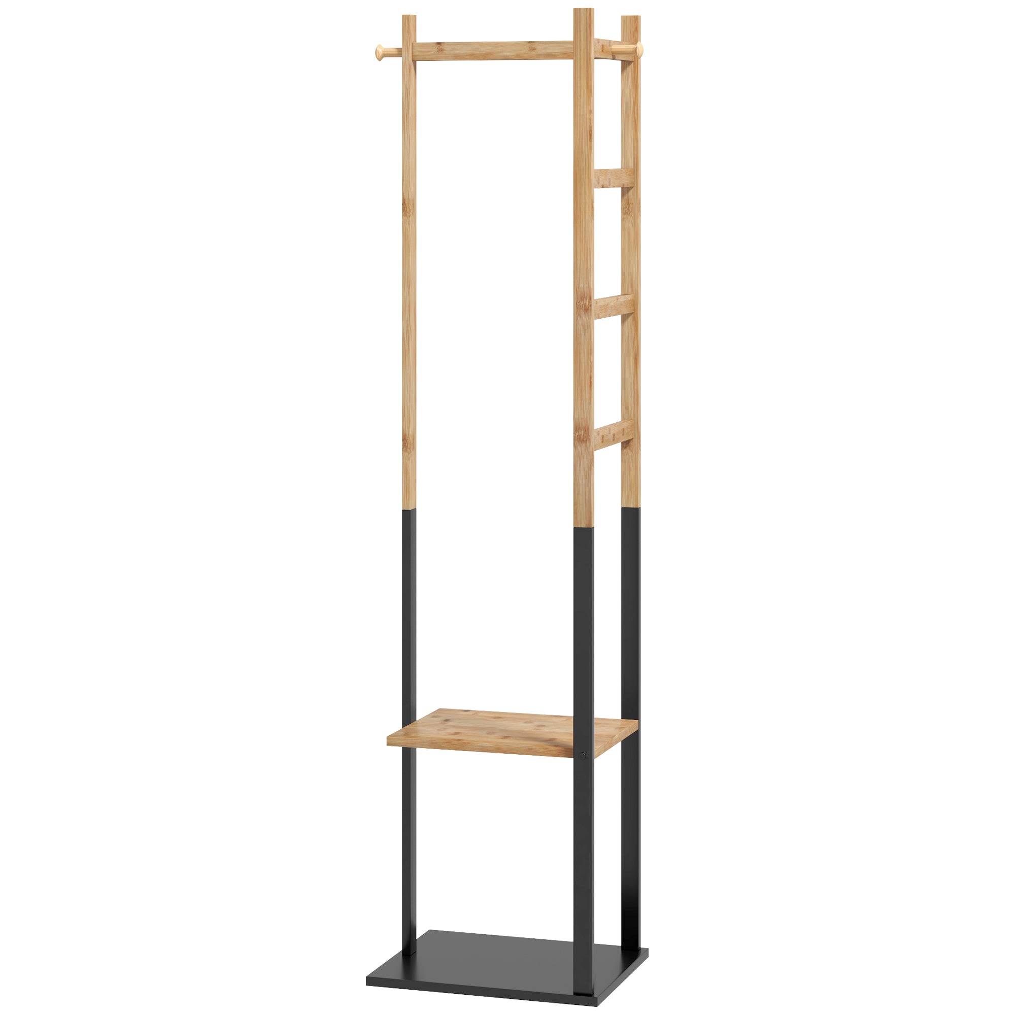 Bamboo Clothes Rack, Wooden Wardrobe Stand with Rod, Shelves, Hooks, 4 Side Bars dim. 46L x 28.5W x 153.5H cm