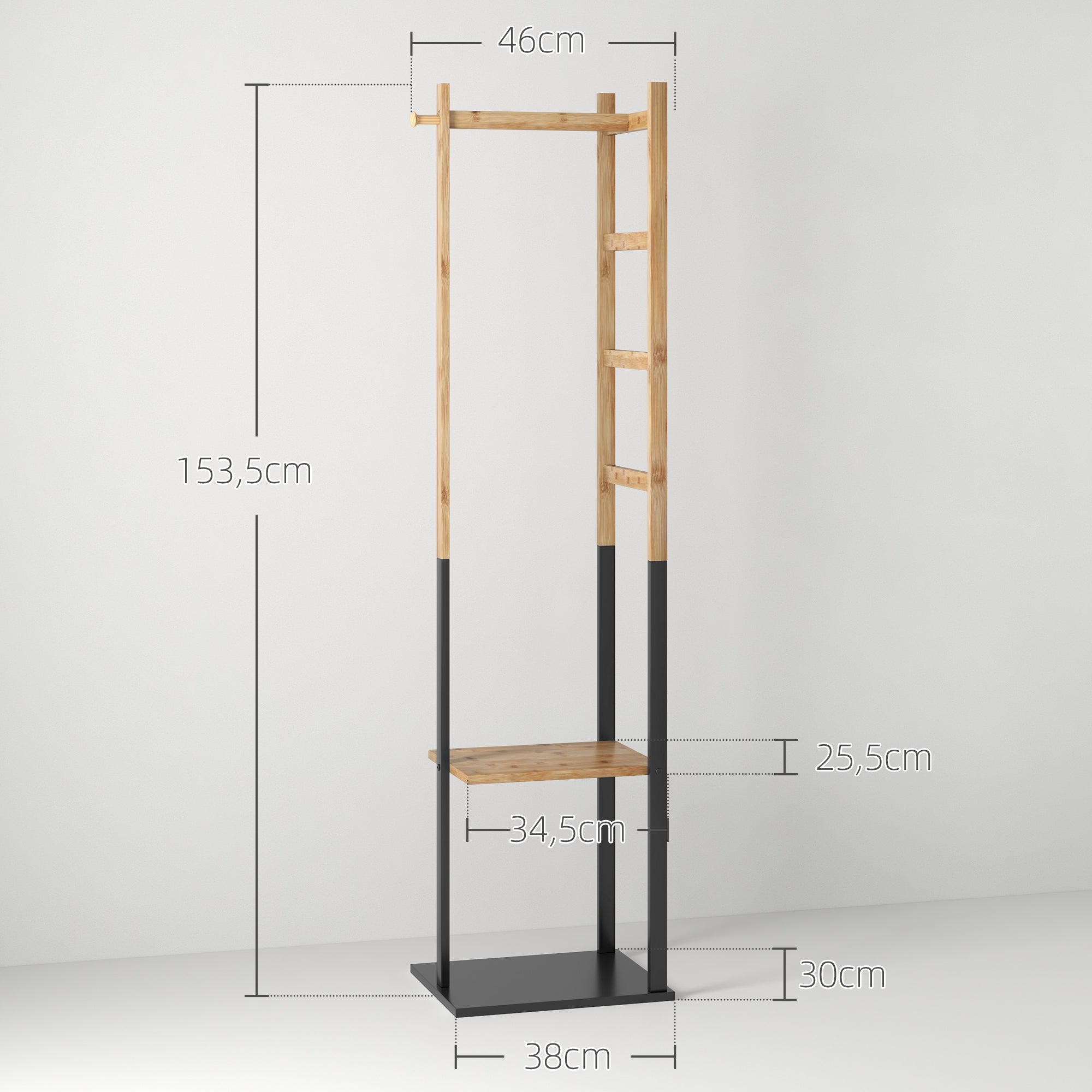 Bamboo Clothes Rack, Wooden Wardrobe Stand with Rod, Shelves, Hooks, 4 Side Bars dim. 46L x 28.5W x 153.5H cm