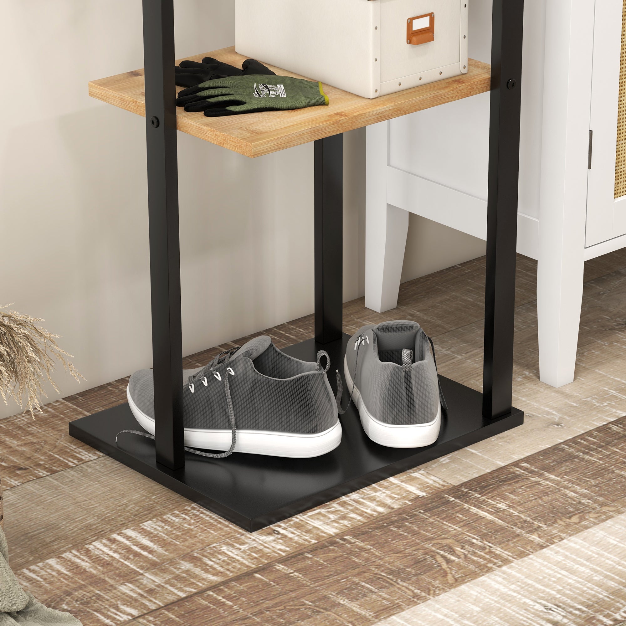 Bamboo Clothes Rack, Wooden Wardrobe Stand with Rod, Shelves, Hooks, 4 Side Bars dim. 46L x 28.5W x 153.5H cm