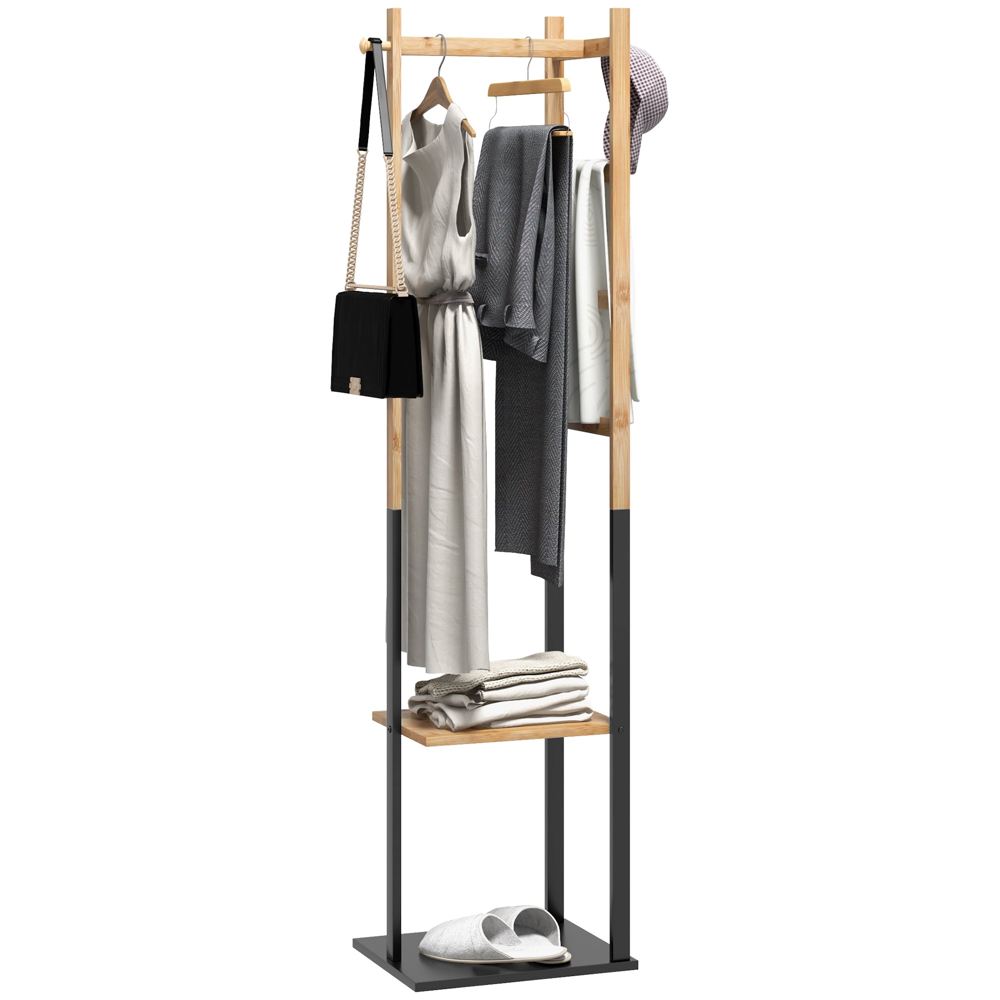 Bamboo Clothes Rack, Wooden Wardrobe Stand with Rod, Shelves, Hooks, 4 Side Bars dim. 46L x 28.5W x 153.5H cm