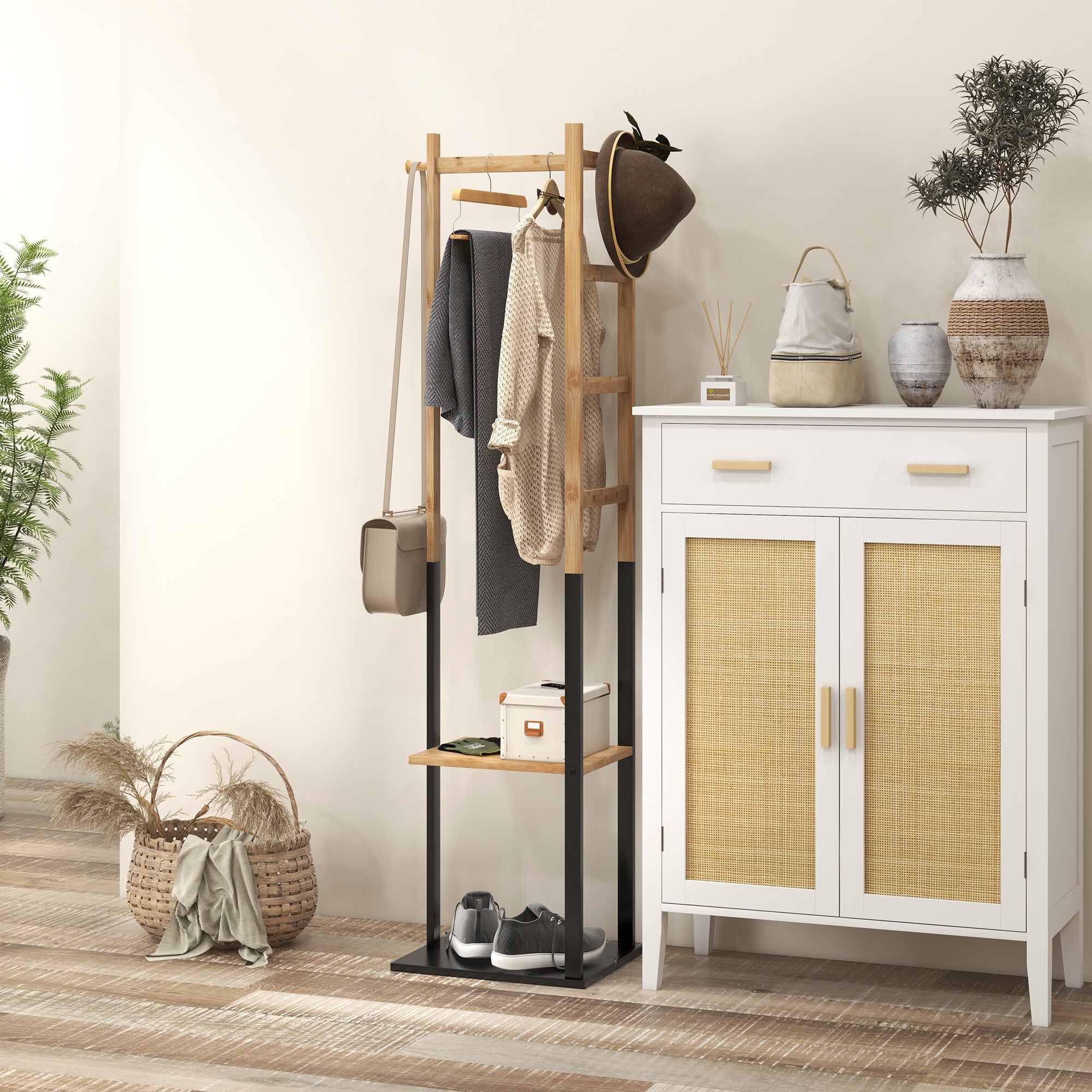 Bamboo Clothes Rack, Wooden Wardrobe Stand with Rod, Shelves, Hooks, 4 Side Bars dim. 46L x 28.5W x 153.5H cm