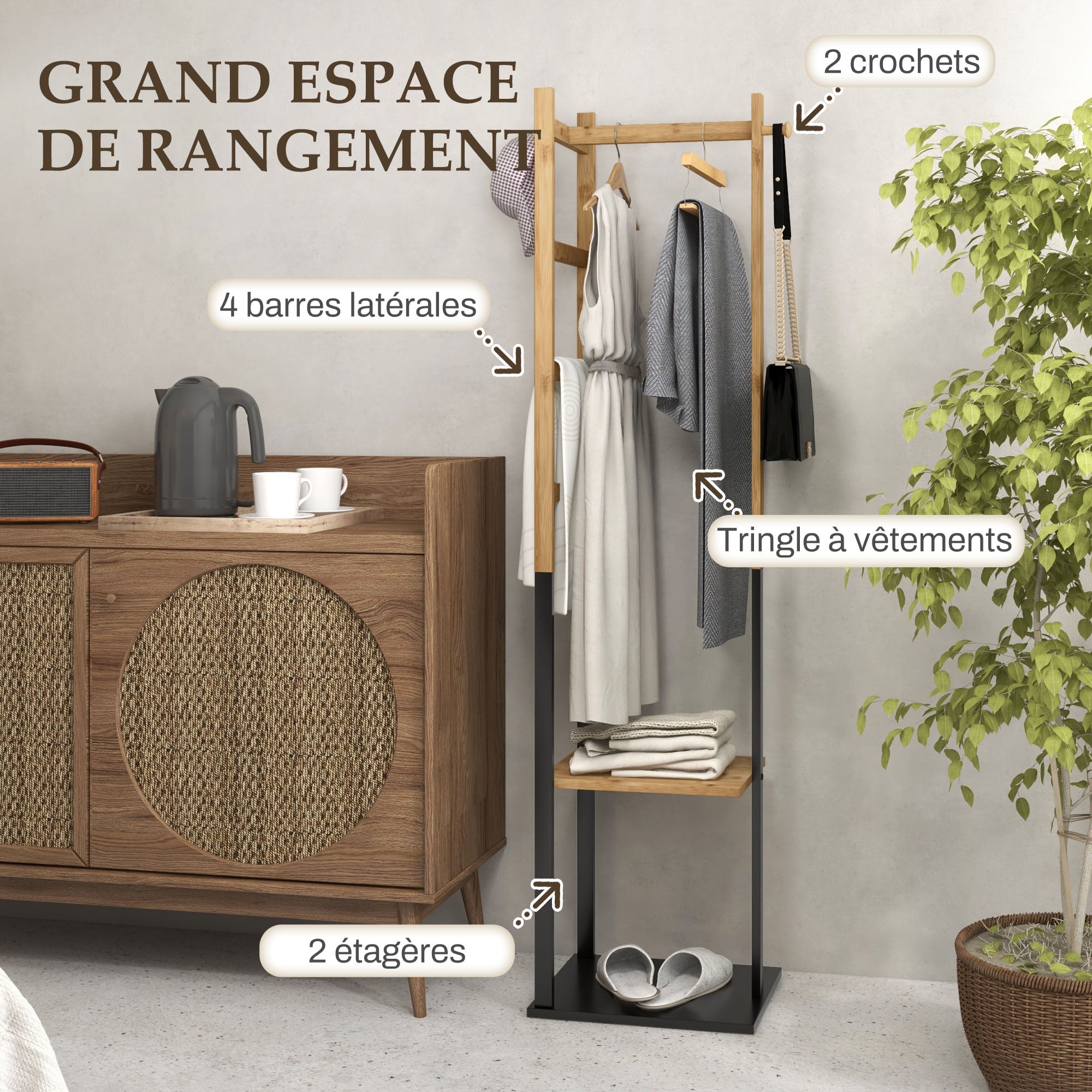 Bamboo Clothes Rack, Wooden Wardrobe Stand with Rod, Shelves, Hooks, 4 Side Bars dim. 46L x 28.5W x 153.5H cm