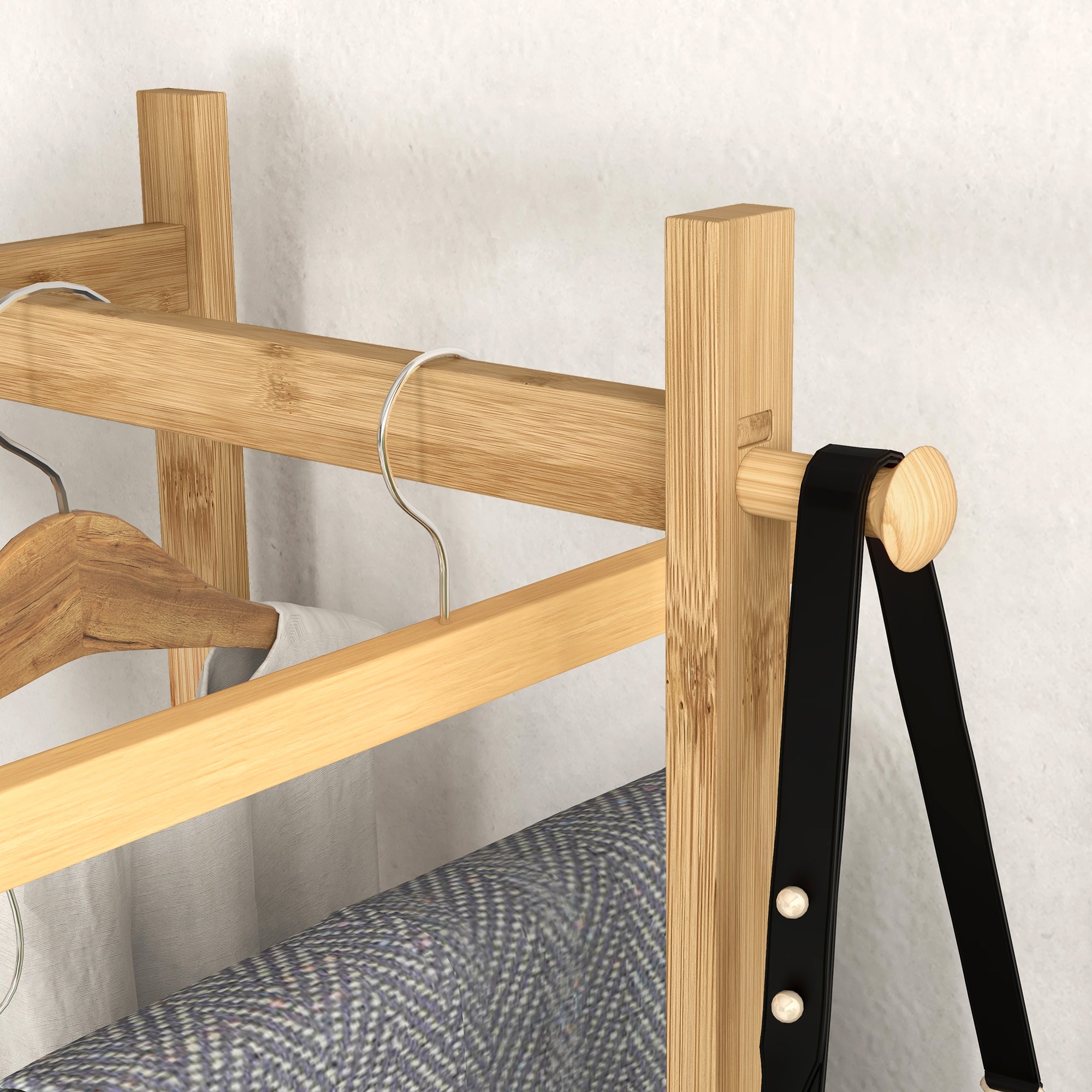 Bamboo Clothes Rack, Wooden Wardrobe Stand with Rod, Shelves, Hooks, 4 Side Bars dim. 46L x 28.5W x 153.5H cm