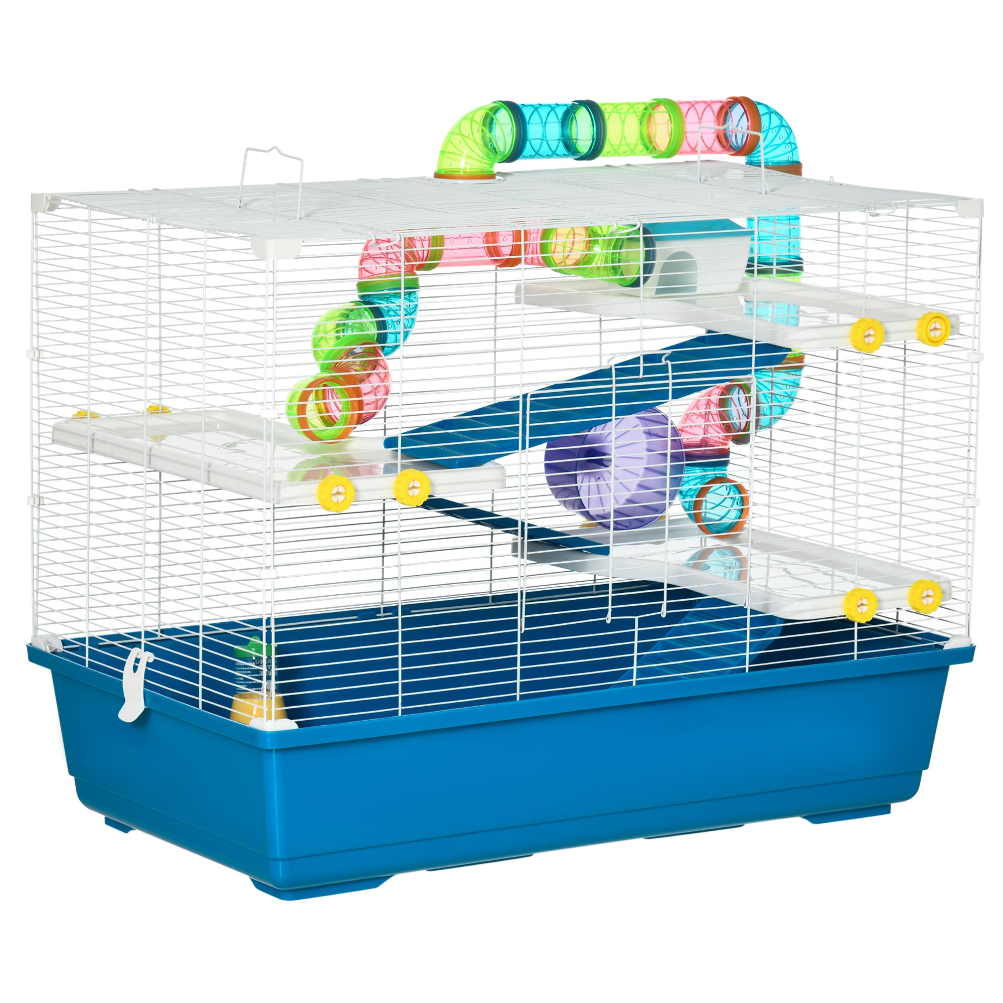 Hamster Cage with 4 Levels, Wheel, House, and Tubes, Rodent Cage in Steel, PP and PS with Transport Handles, 79x46x60 cm, Blue and White