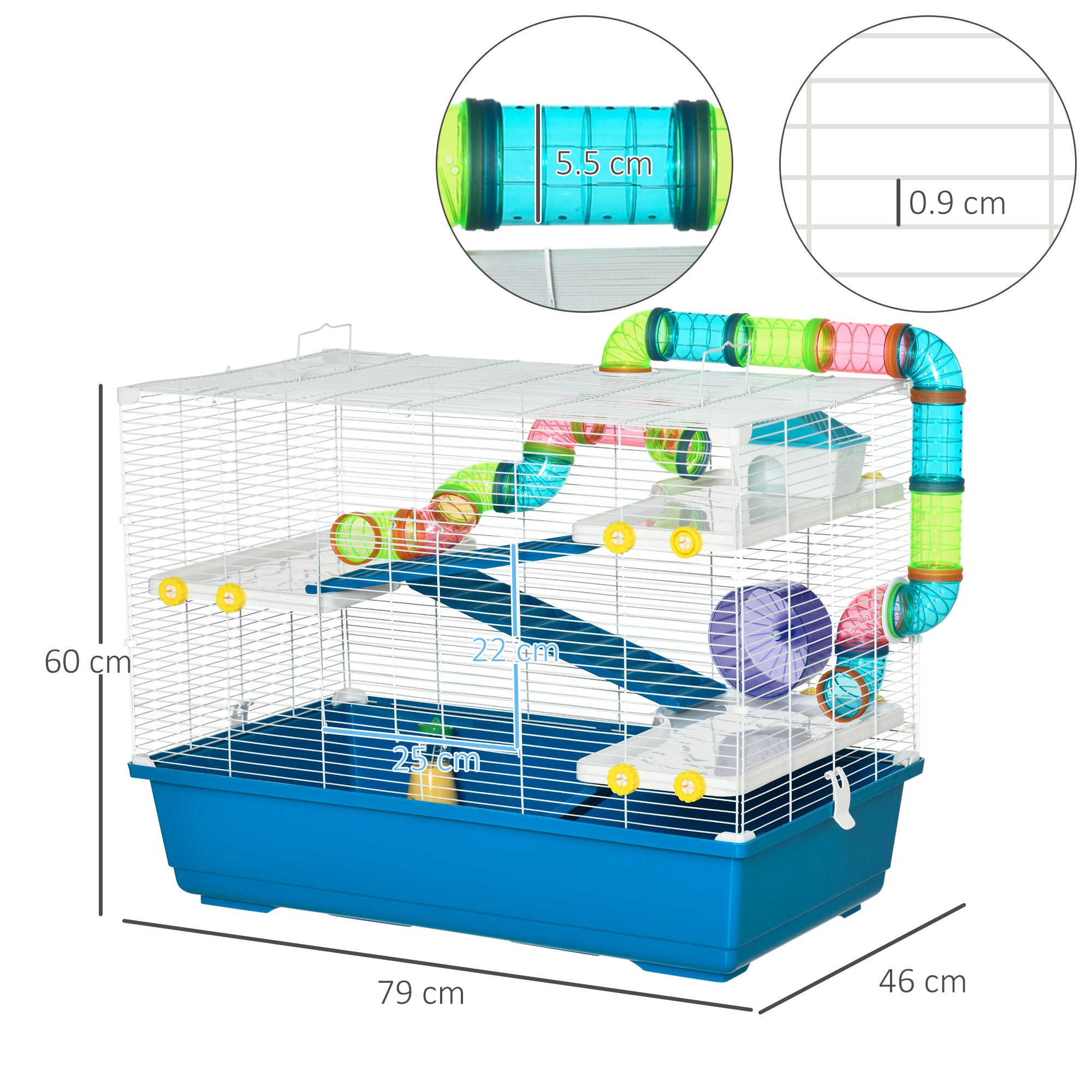 Hamster Cage with 4 Levels, Wheel, House, and Tubes, Rodent Cage in Steel, PP and PS with Transport Handles, 79x46x60 cm, Blue and White