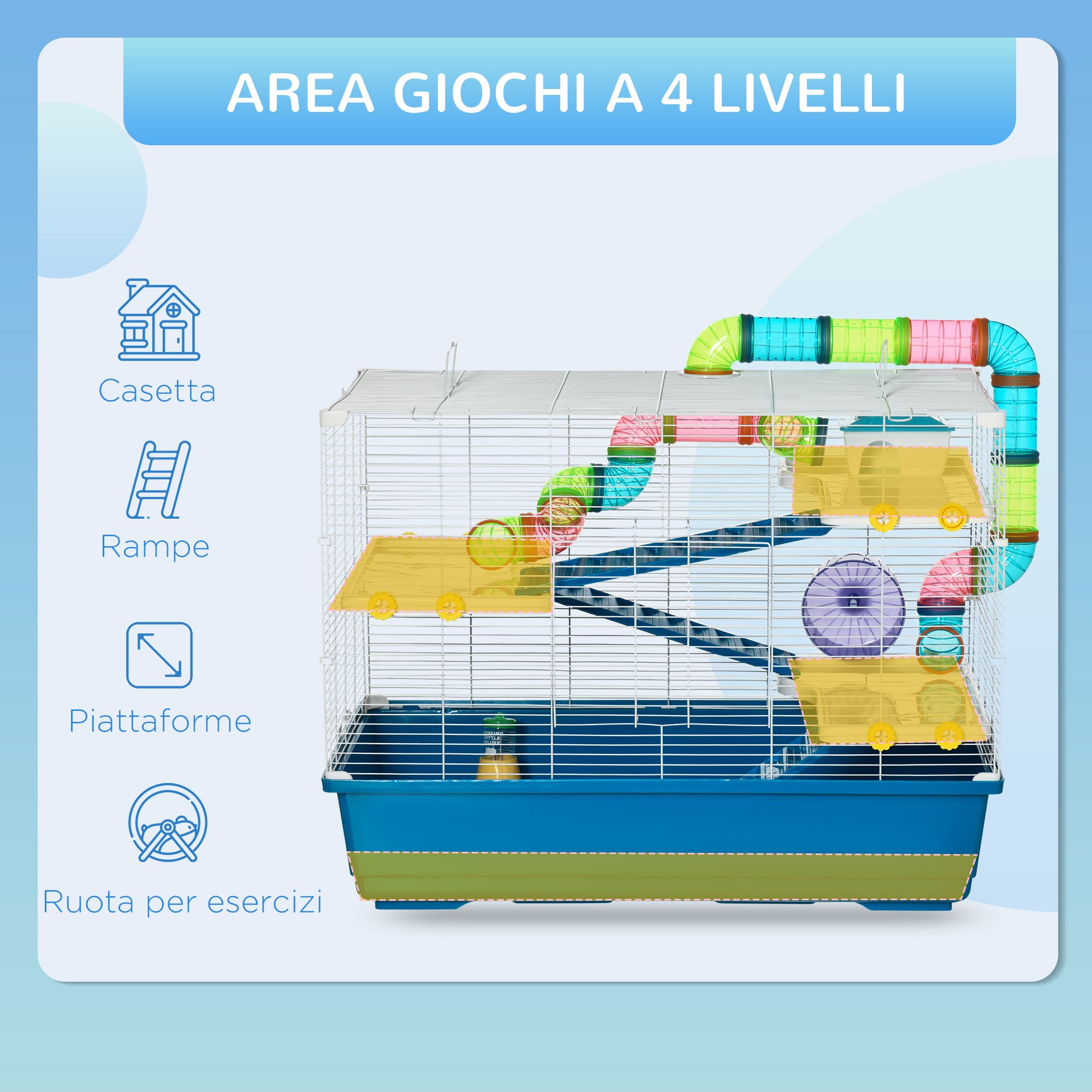 Hamster Cage with 4 Levels, Wheel, House, and Tubes, Rodent Cage in Steel, PP and PS with Transport Handles, 79x46x60 cm, Blue and White