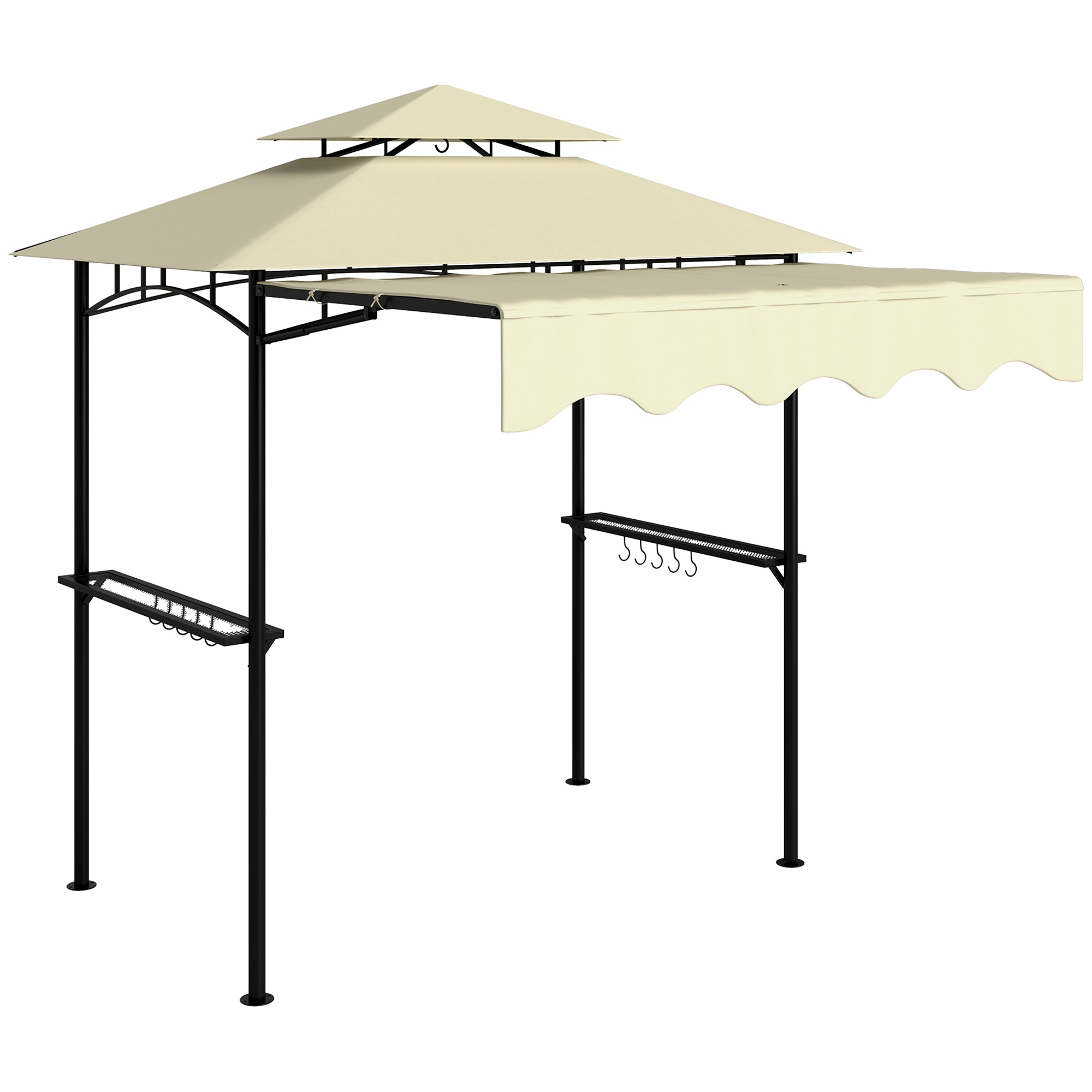 BBQ Gazebo Canopy — 7 ft 11 in x 4 ft 11 in x 8 ft 2 in, Fire-Resistant PA Roof, Double-Layer Top, Side Shelves, UV30+, Beige