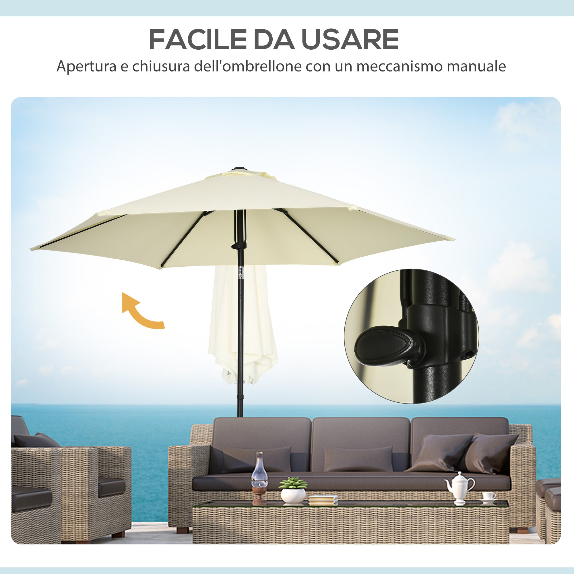 Garden Umbrella 2.7x2.5 m in Polyester and Metal with Adjustable Tilting Canopy at 45°, Beige and Black