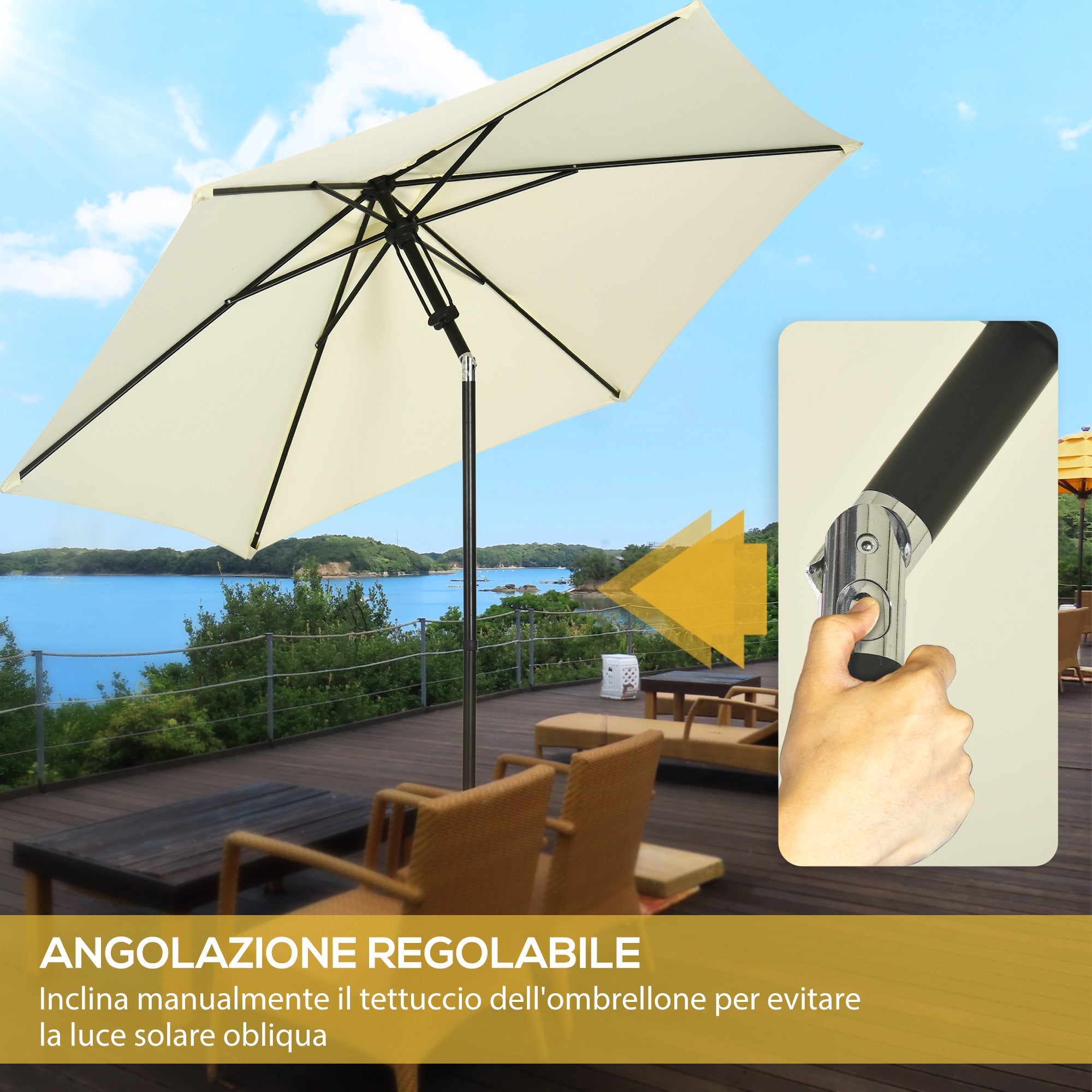 Garden Umbrella 2.7x2.5 m in Polyester and Metal with Adjustable Tilting Canopy at 45°, Beige and Black