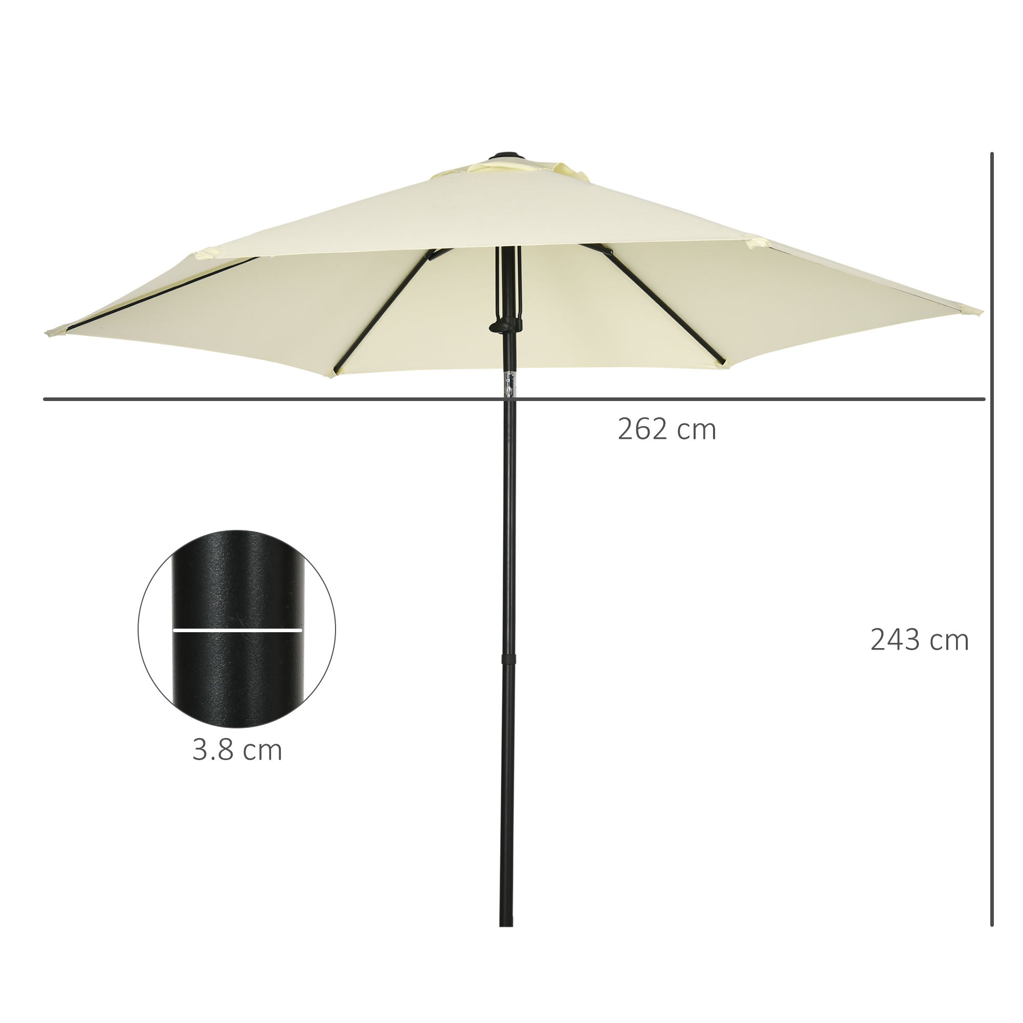 Garden Umbrella 2.7x2.5 m in Polyester and Metal with Adjustable Tilting Canopy at 45°, Beige and Black
