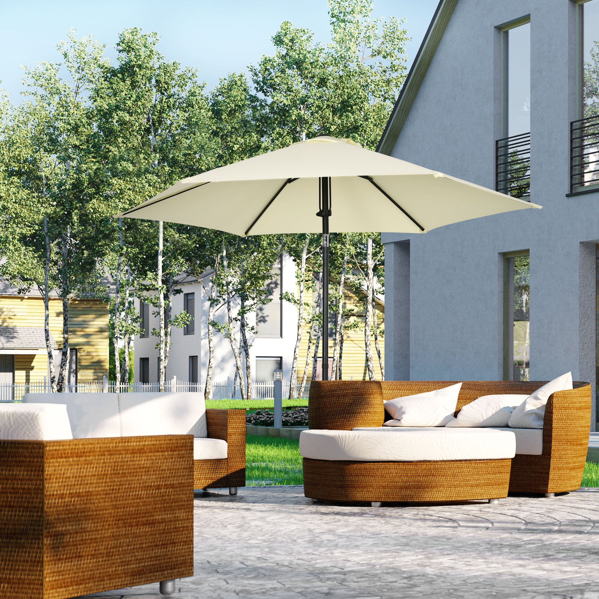 Garden Umbrella 2.7x2.5 m in Polyester and Metal with Adjustable Tilting Canopy at 45°, Beige and Black
