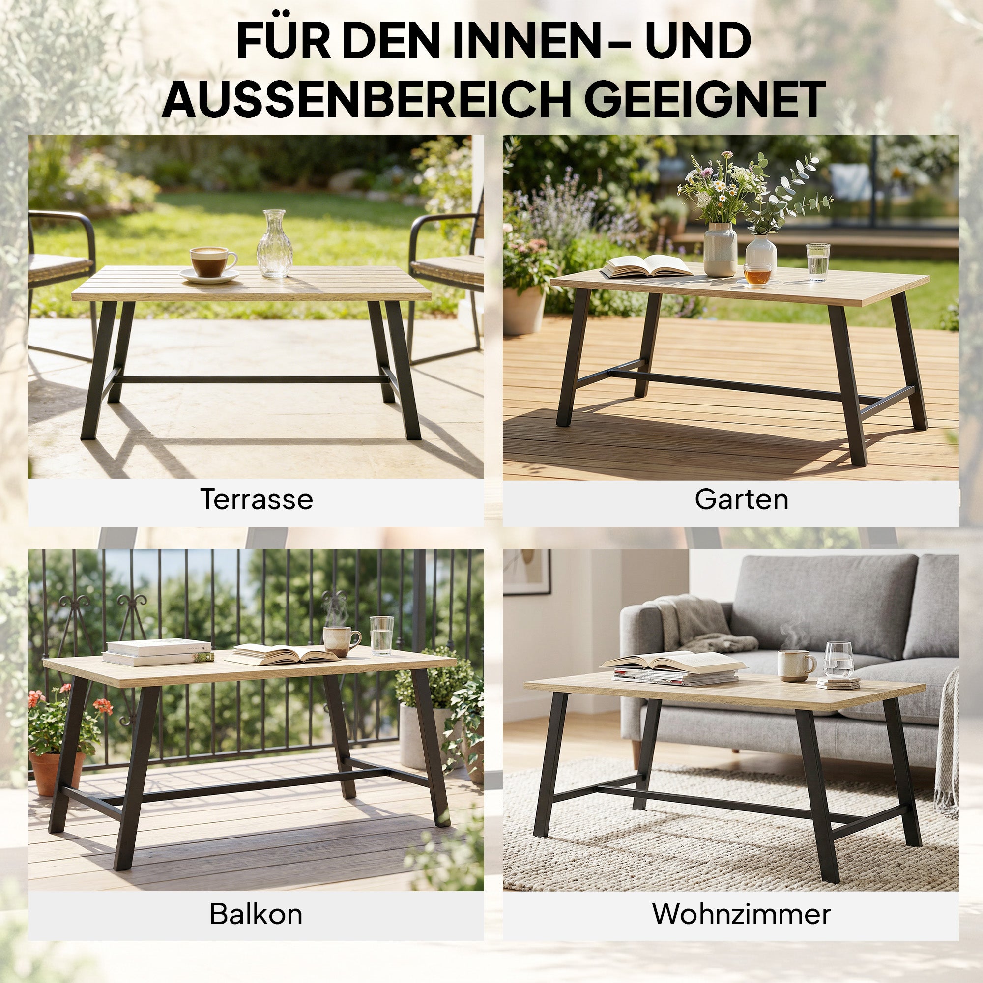Outdoor Coffee Table, Rectangular Metal Side Table with Wood-Look Top, for Indoor/Outdoor, Garden, Balcony, 100 x 55 cm, Brown