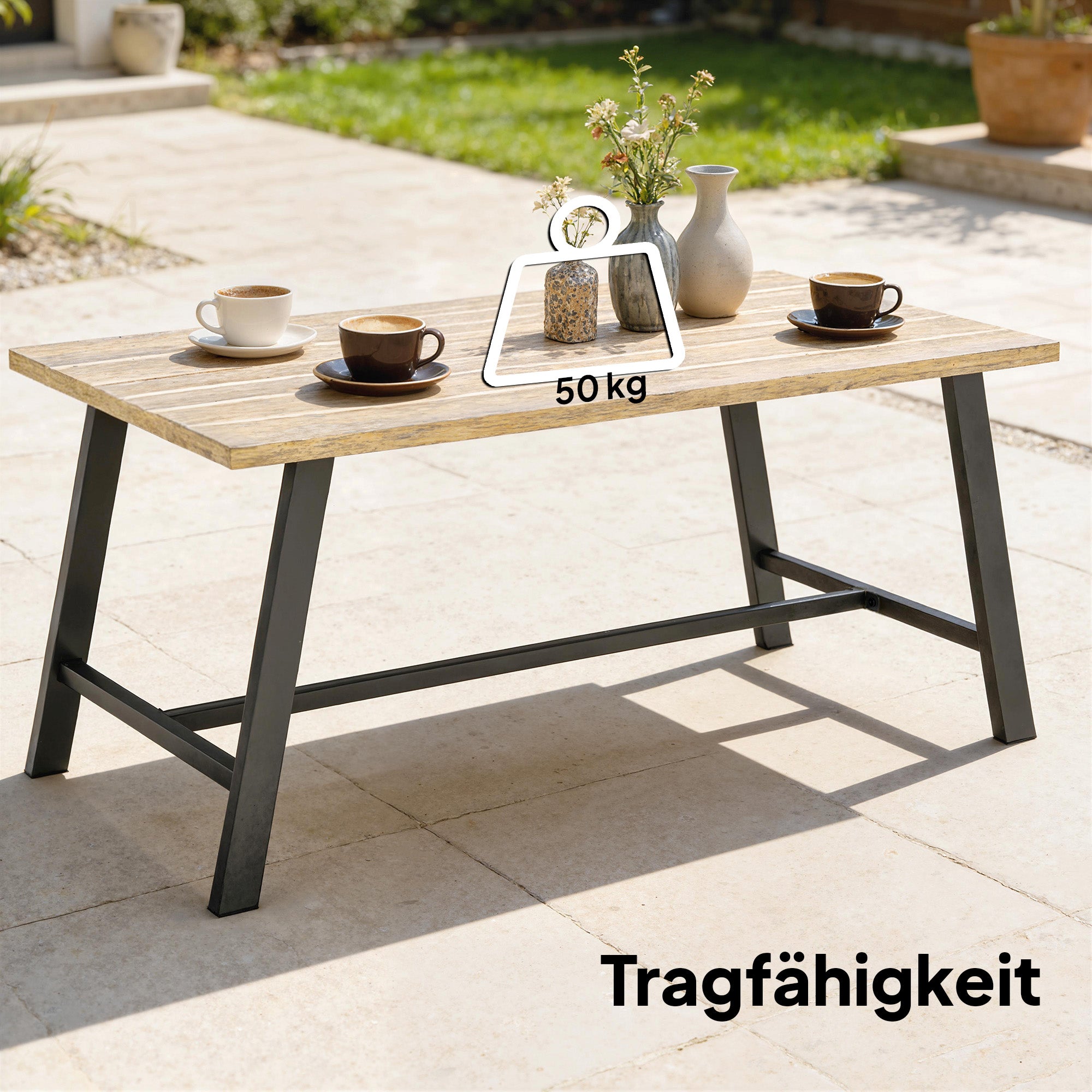 Outdoor Coffee Table, Rectangular Metal Side Table with Wood-Look Top, for Indoor/Outdoor, Garden, Balcony, 100 x 55 cm, Brown
