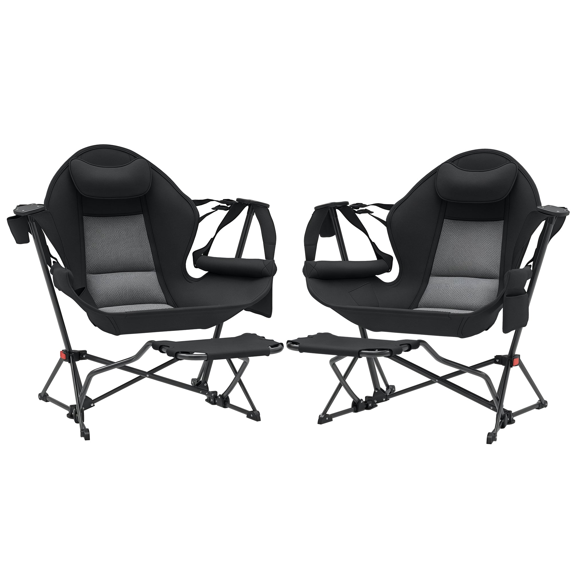 Pack 2 Garden Rocking Chair with Footrest Folding Camping Chair with Headrest Cup Holders Pockets and Carrying Bag 120 kg Load Capacity for Beach Camping Fishing Black