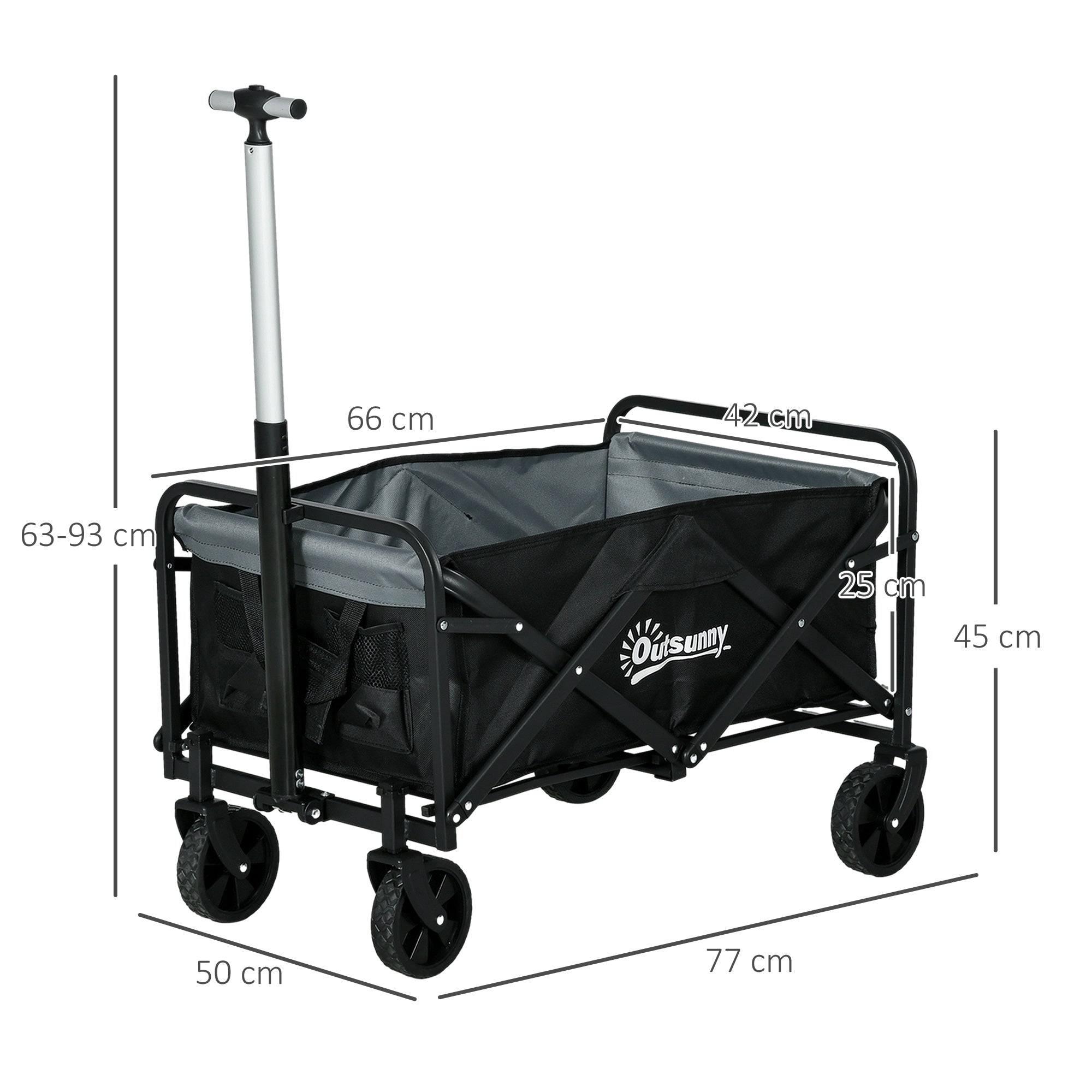 Garden Cart Beach Cart Folding Cart with 4 Adjustable Wheels Length and Angle of Handle Adjustable 70 L Capacity 80 kg Load for Shopping Camping Black
