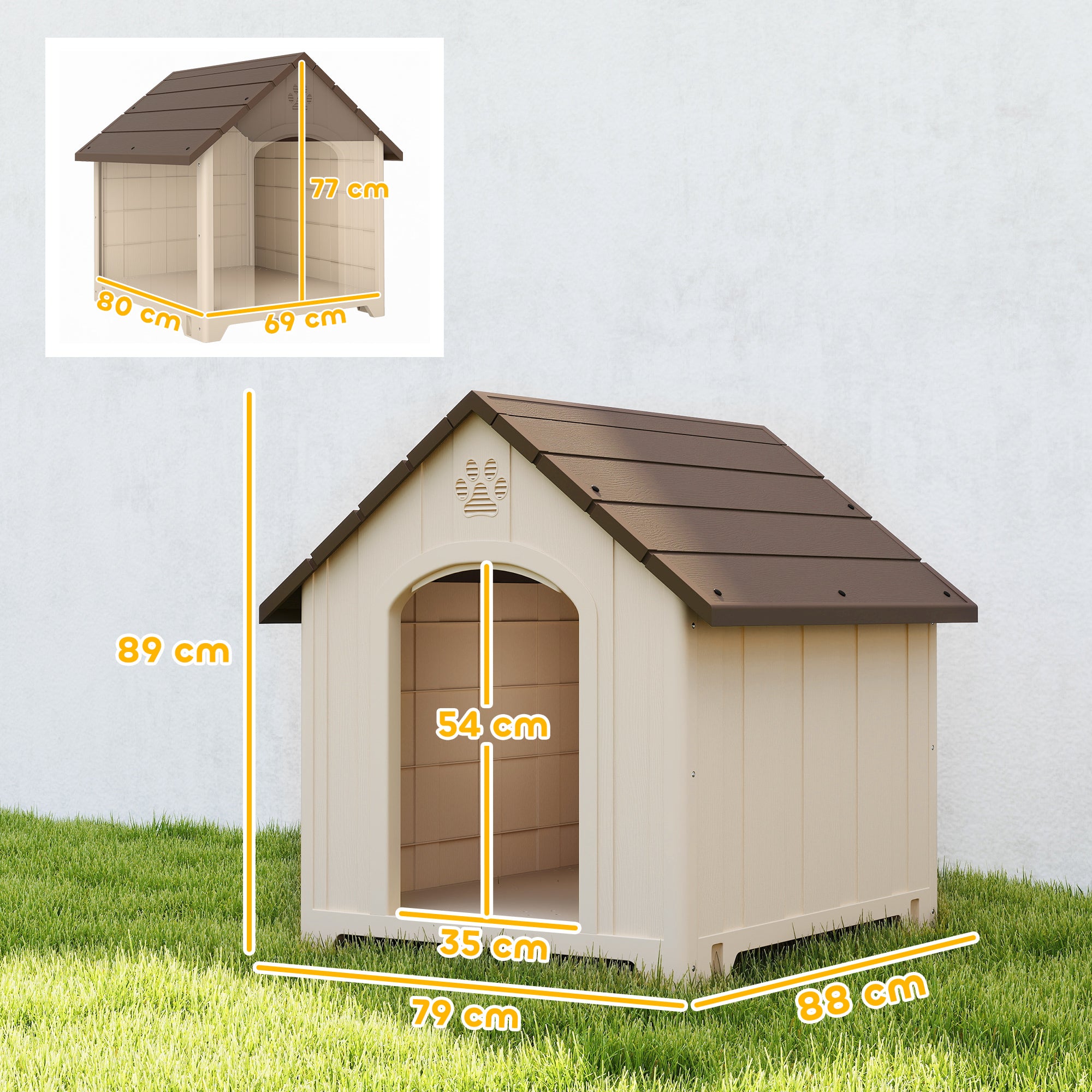 Raised Outdoor Dog House for Medium & Large Dogs — Sloped Roof, Ventilation & Ground Pegs, PP, 34.6 x 30.7 x 35.0 in (Beige/Dark Brown)