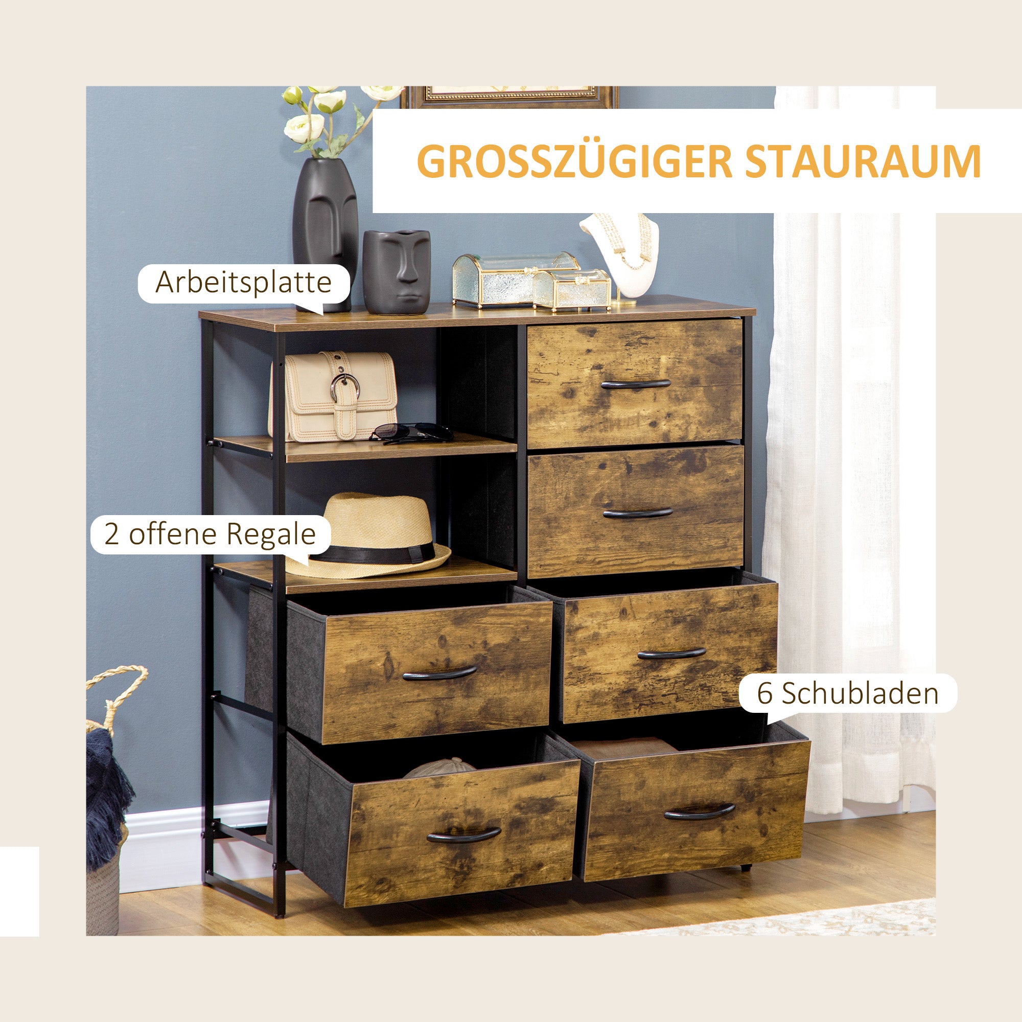 Fabric Chest of Drawers Storage Cabinet with 6 Drawers, Shelving Unit with Steel Frame Cupboard for Bedroom, Living Room Rustic Brown