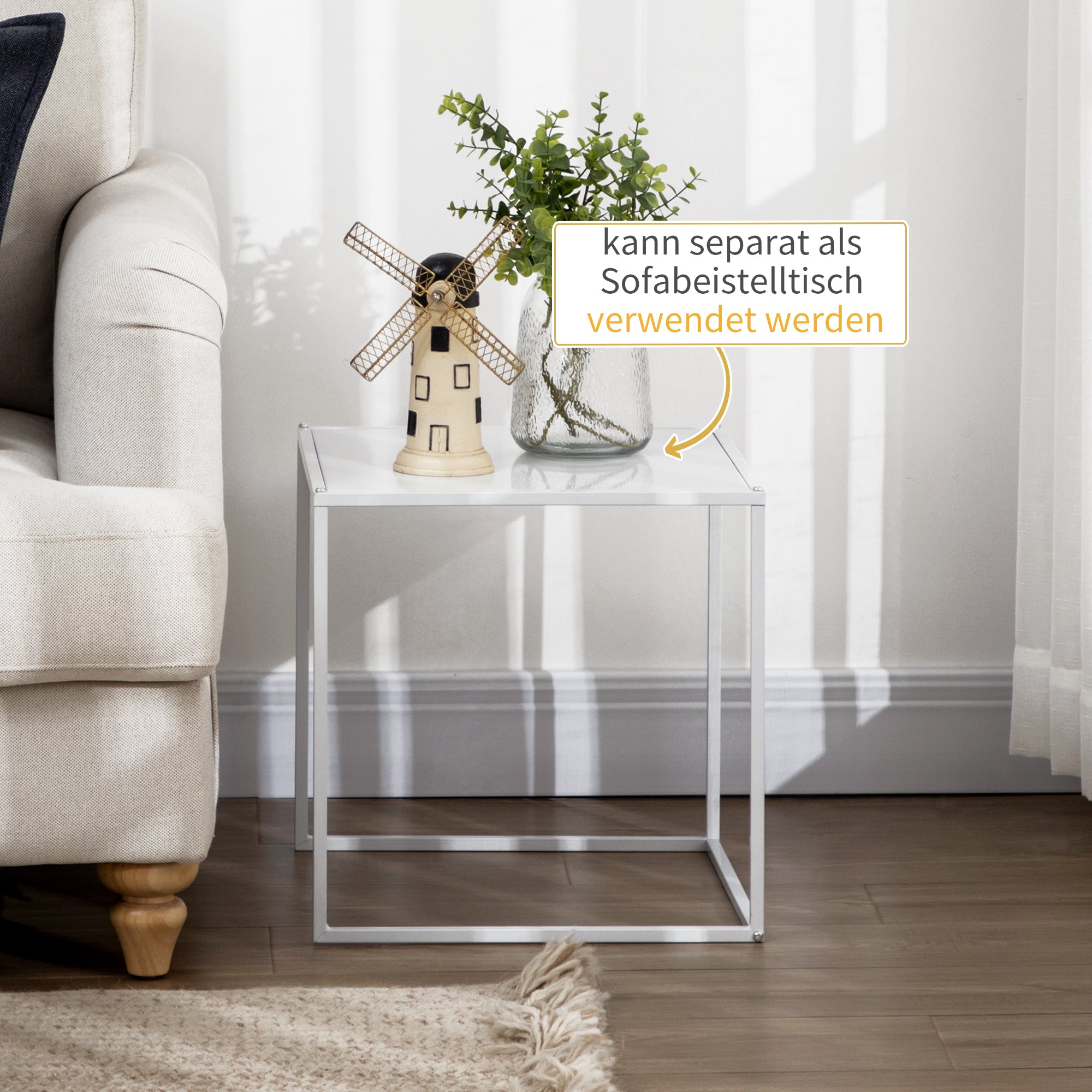 Square Coffee Table 2-Piece Set, Side Table in Modern Design, Steel Frame, Stackable, Coffee Table End Table for Living Room Bedroom, White